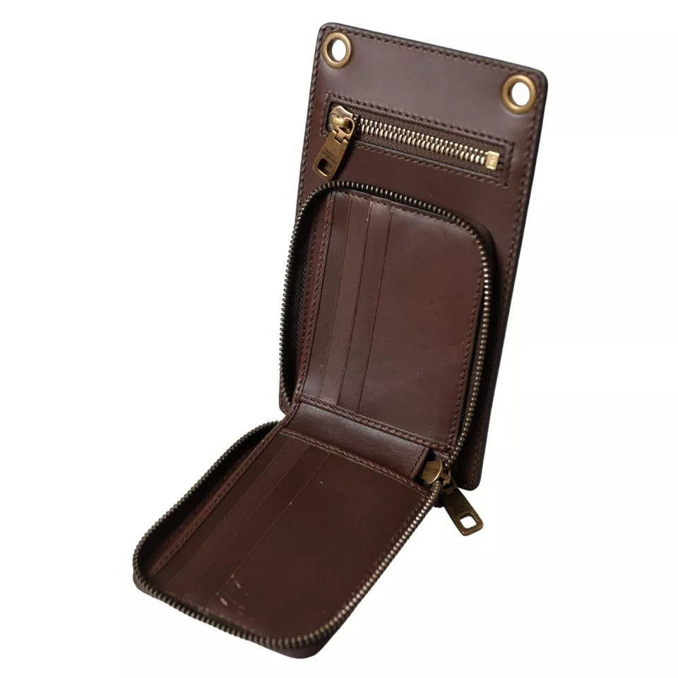 Portefeuille Dolce &amp; Gabbana en cuir de veau marron avec fermeture éclair et logo