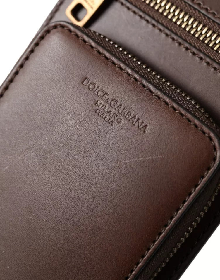 Portefeuille Dolce &amp; Gabbana en cuir de veau marron avec fermeture éclair et logo