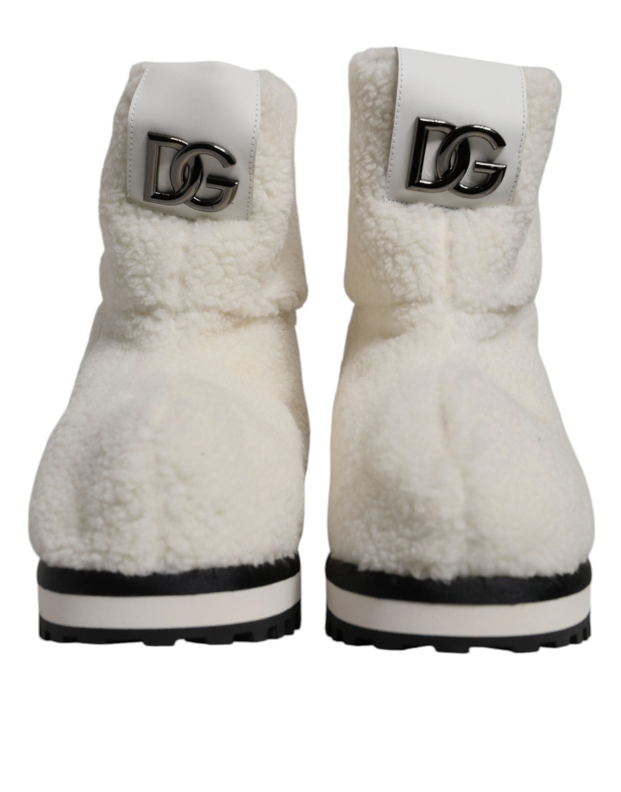 Dolce &amp; Gabbana – Weiße, gepolsterte Stiefel mit Plüschlogo und halbhohem Schaft