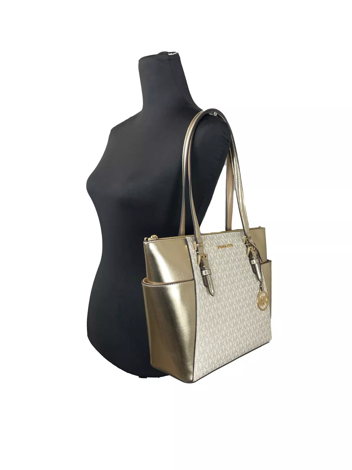 Michael Kors Charlotte Große Ledertasche mit Reißverschluss oben, Gold
