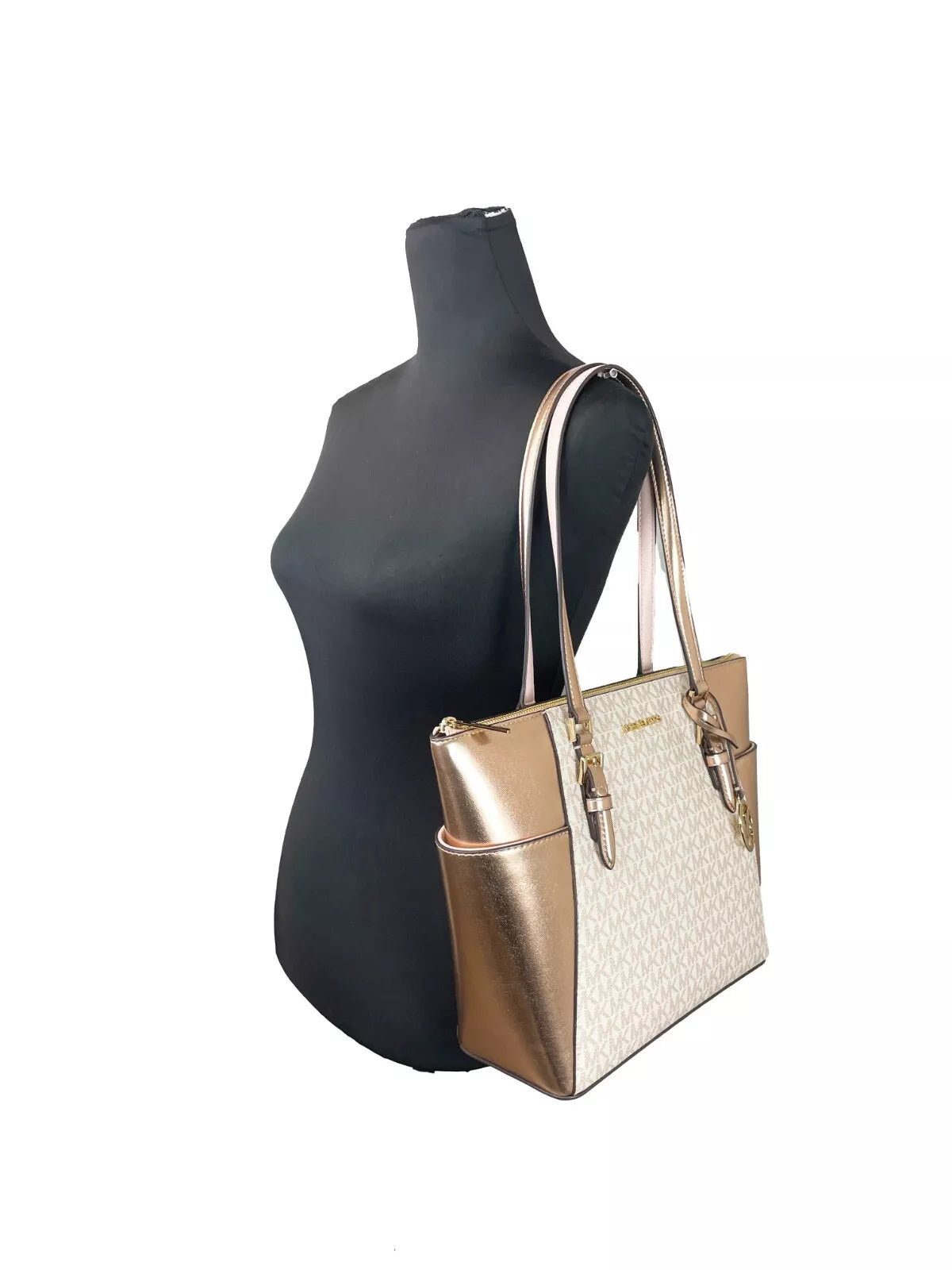 Michael Kors Charlotte Große Leder-Einkaufstasche mit Reißverschluss oben in Roségold
