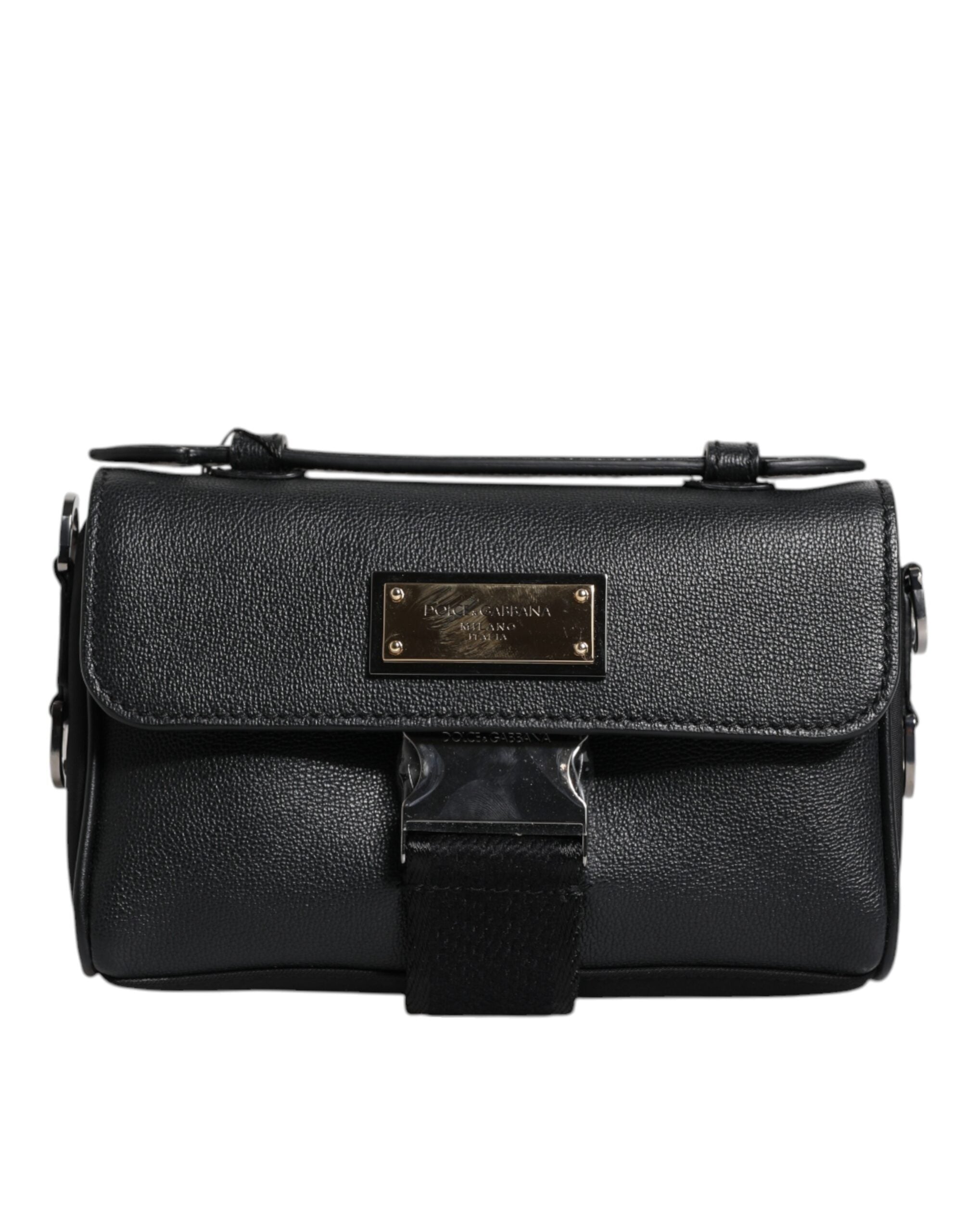Sac bandoulière en cuir noir Dolce &amp; Gabbana avec plaque logo et boucle