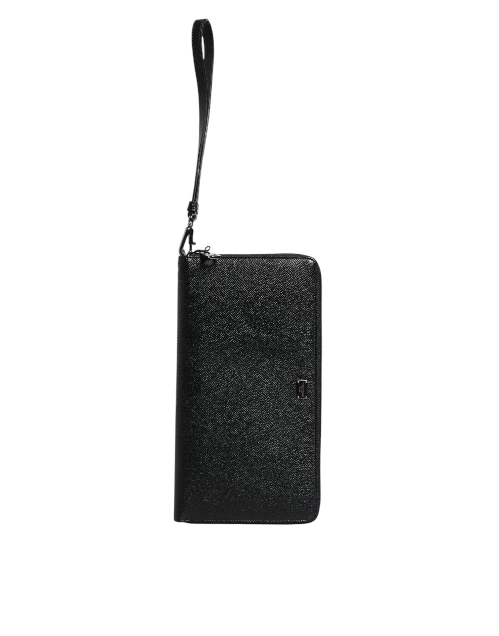 Portefeuille continental zippé Dolce &amp; Gabbana en cuir de veau noir avec logo