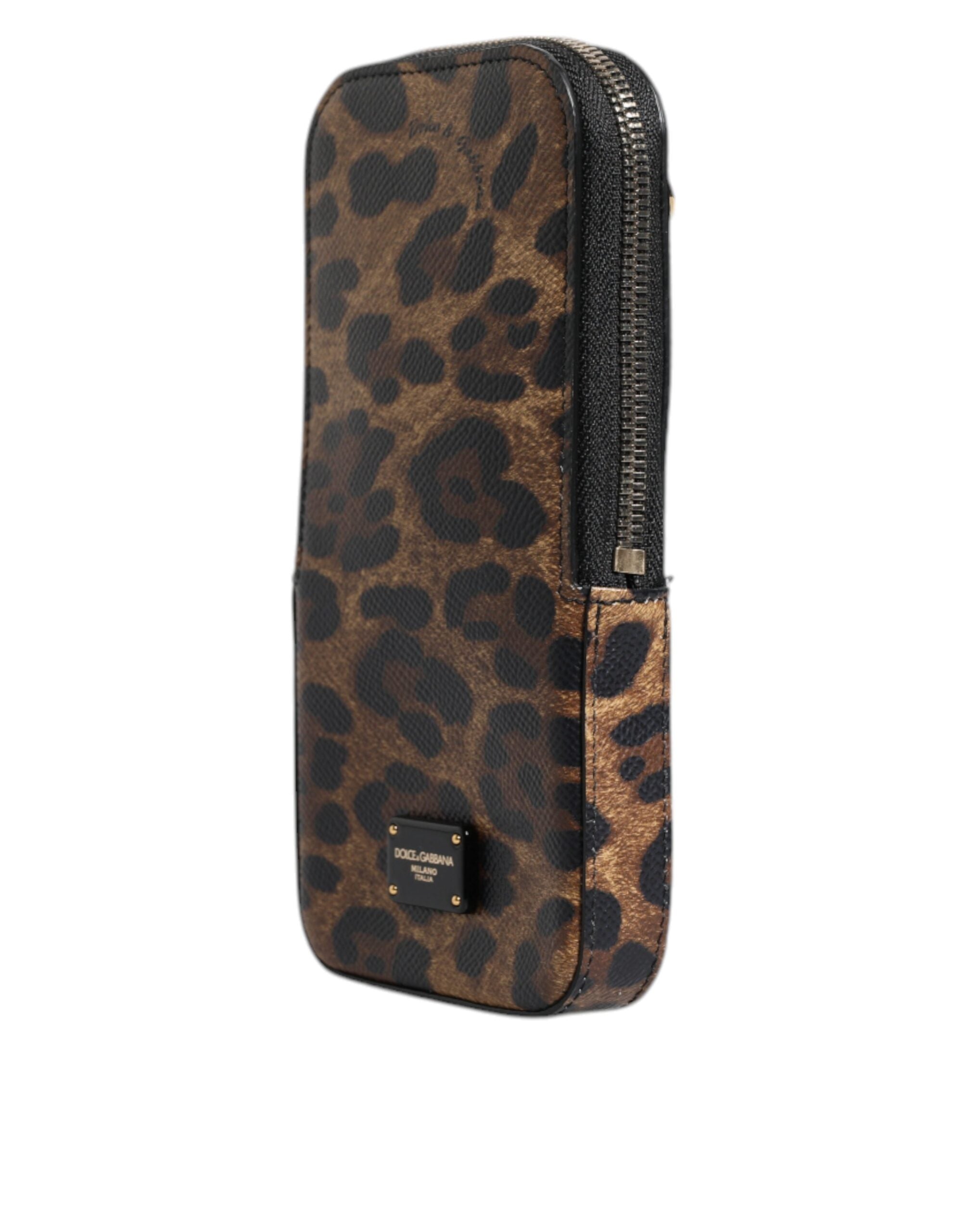Portefeuille zippé en cuir Dauphine marron imprimé léopard Dolce &amp; Gabbana