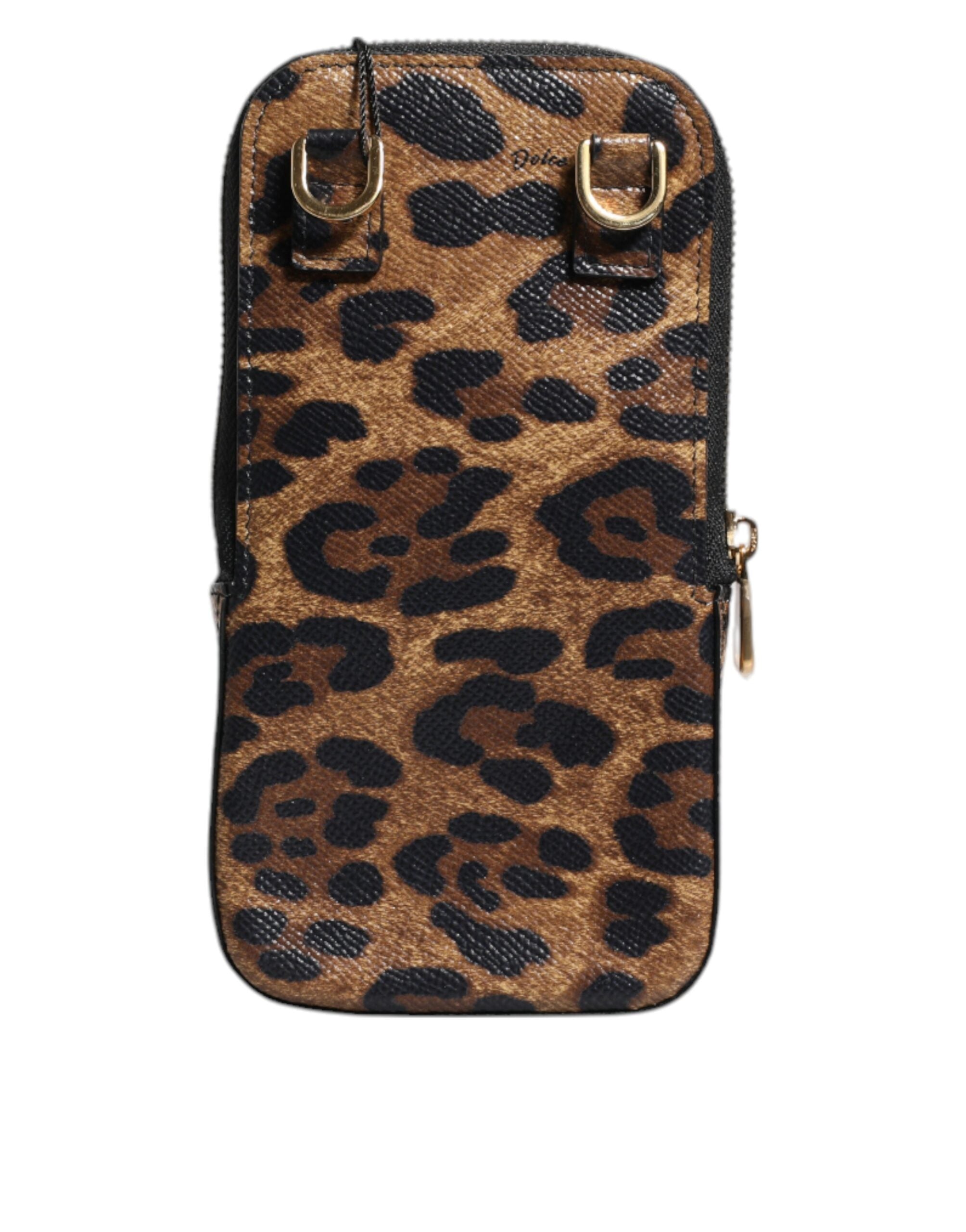 Portefeuille zippé en cuir Dauphine marron imprimé léopard Dolce &amp; Gabbana