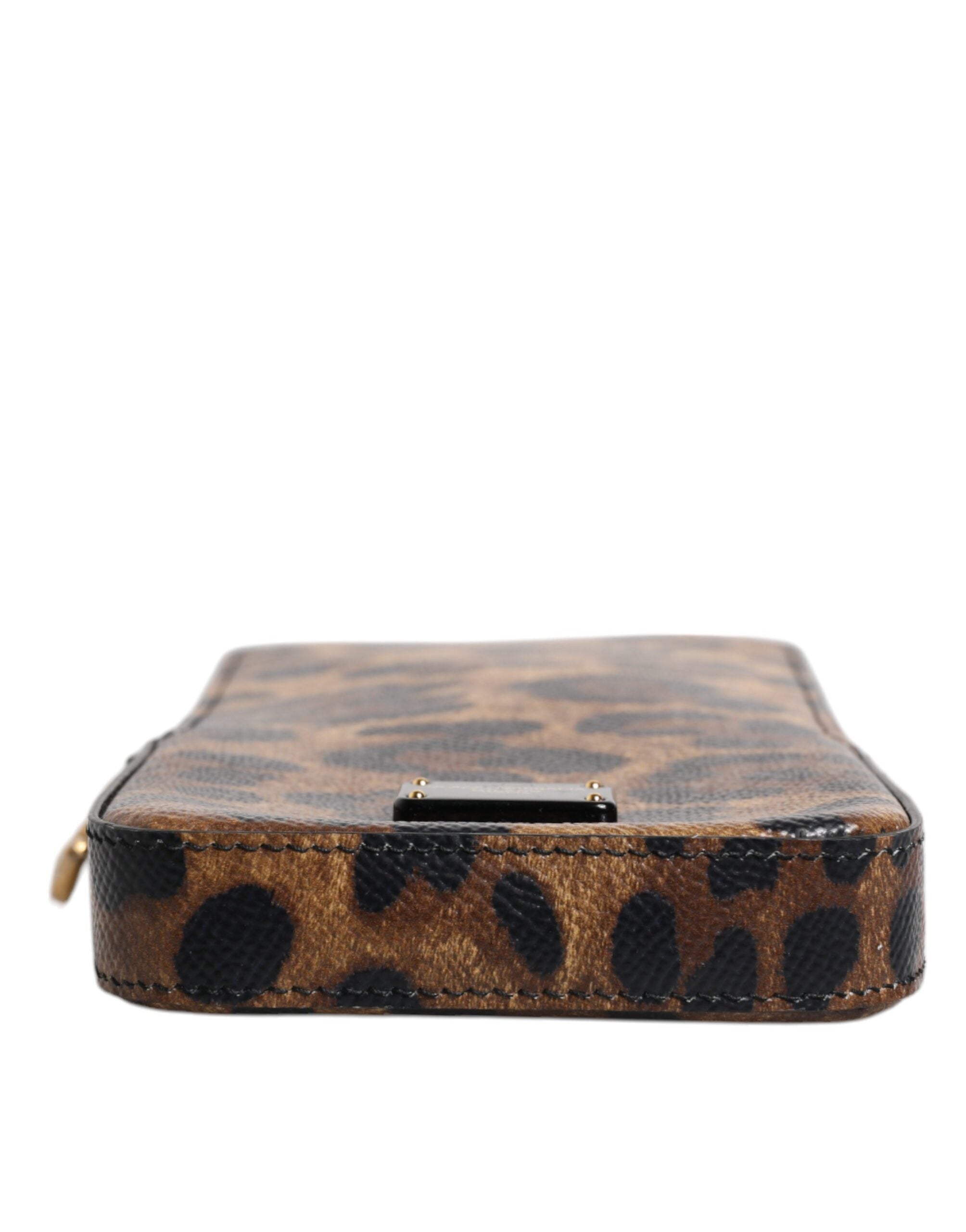 Portefeuille zippé en cuir Dauphine marron imprimé léopard Dolce &amp; Gabbana
