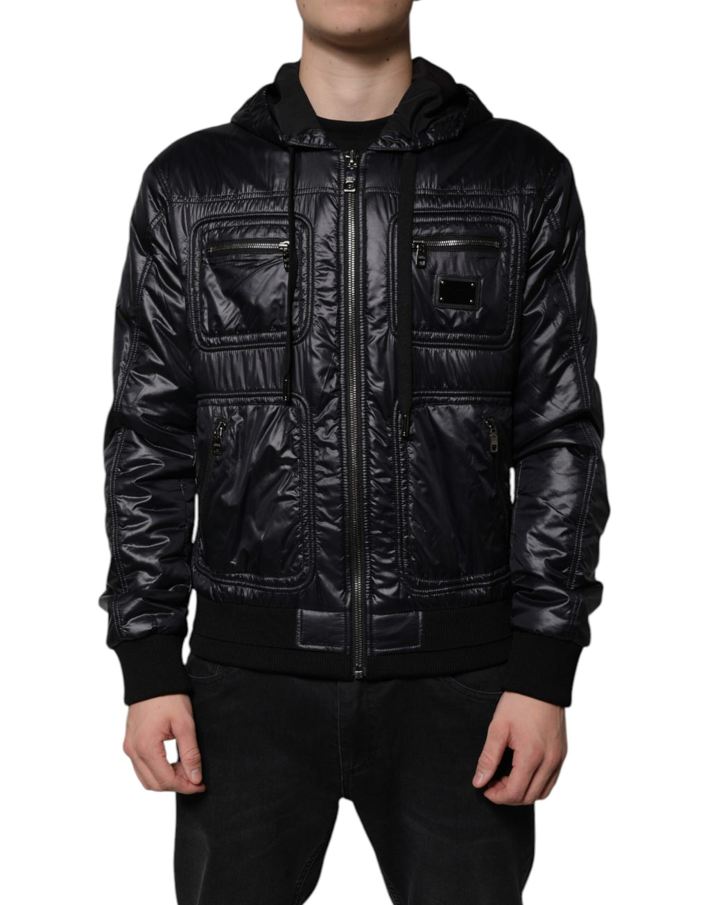 Dolce &amp; Gabbana Veste blouson à capuche en nylon noir avec fermeture éclair intégrale