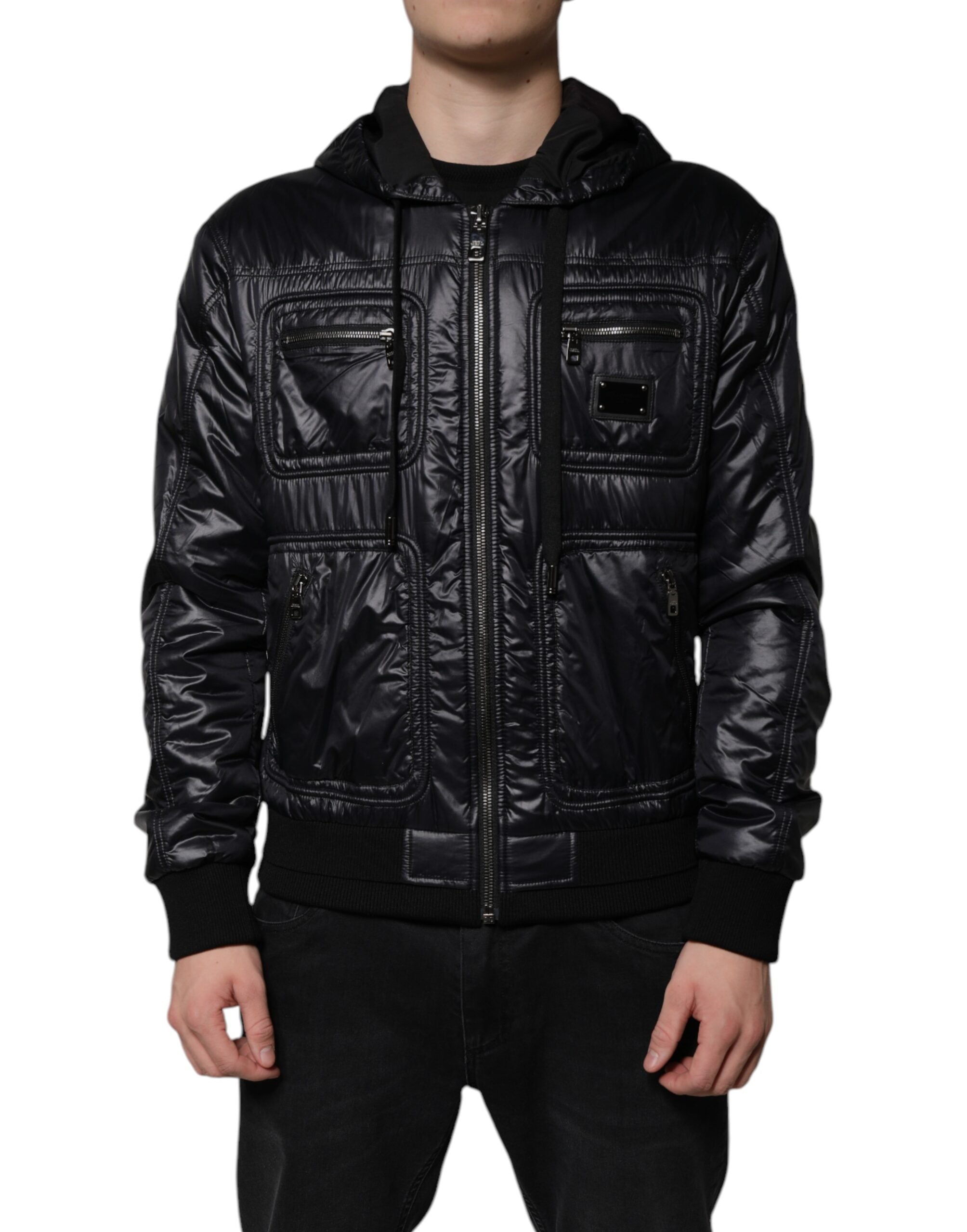Dolce &amp; Gabbana Veste blouson à capuche en nylon noir avec fermeture éclair intégrale