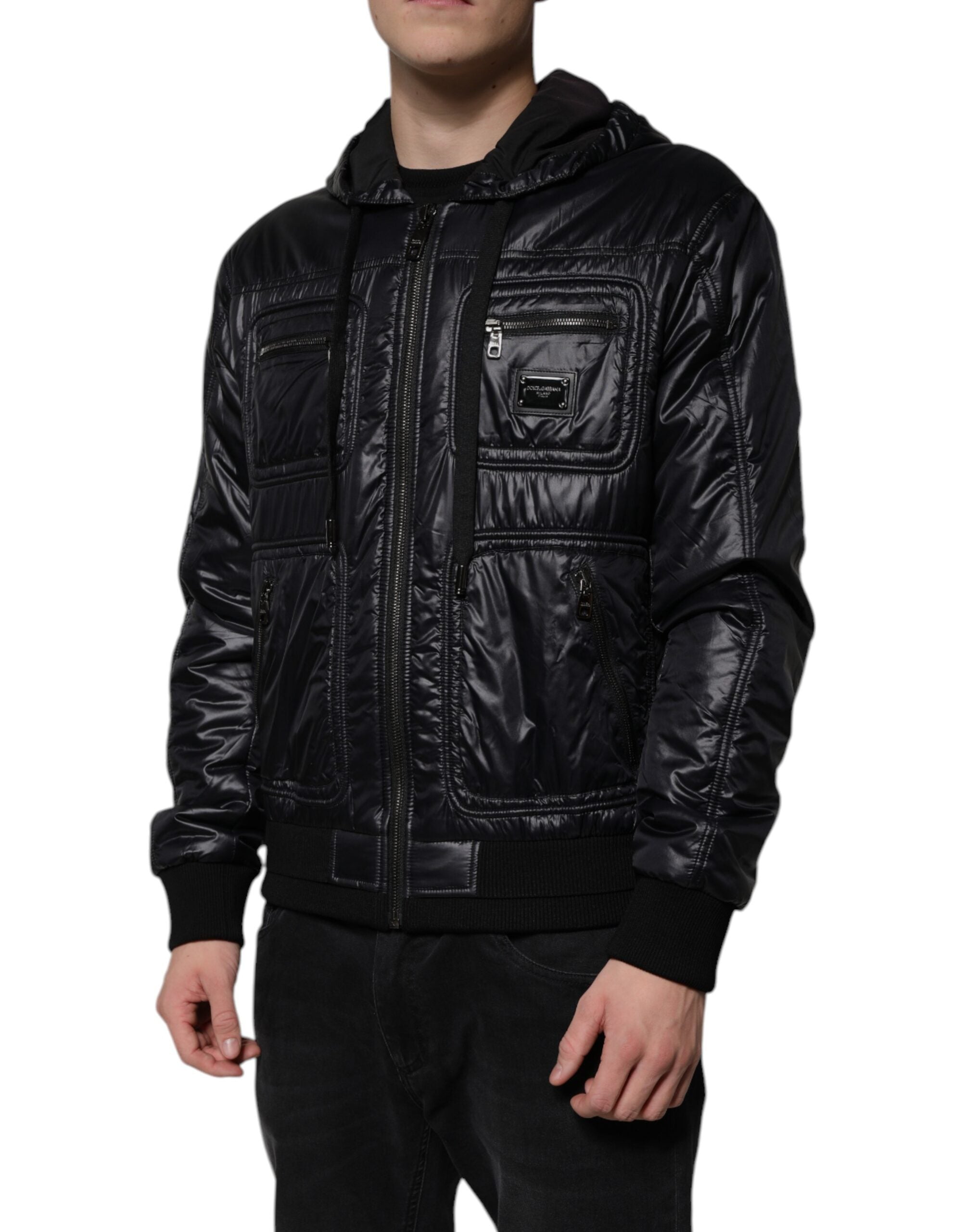 Dolce &amp; Gabbana Veste blouson à capuche en nylon noir avec fermeture éclair intégrale