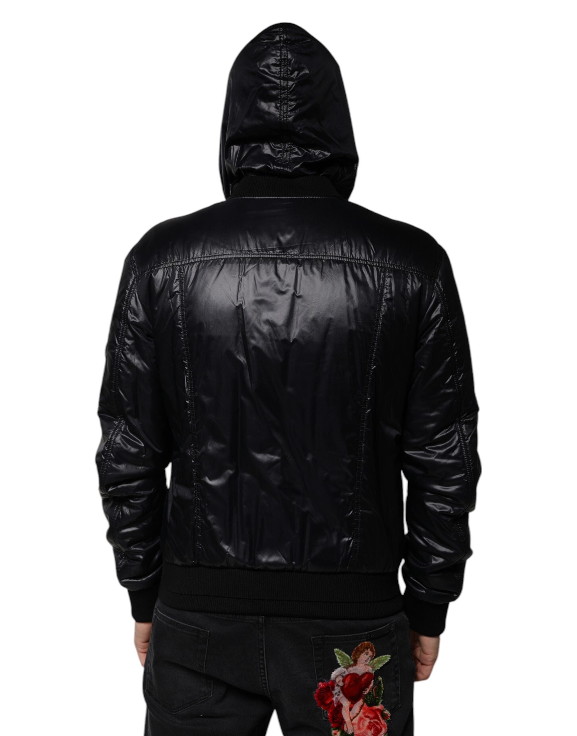 Dolce &amp; Gabbana Veste blouson à capuche en nylon noir avec fermeture éclair intégrale