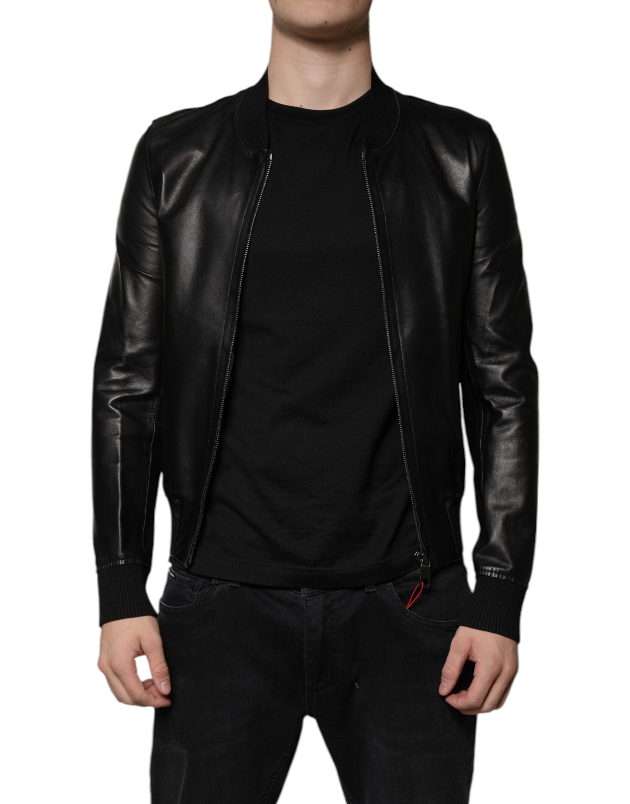 Dolce &amp; Gabbana Veste motard zippée en cuir d'agneau noir
