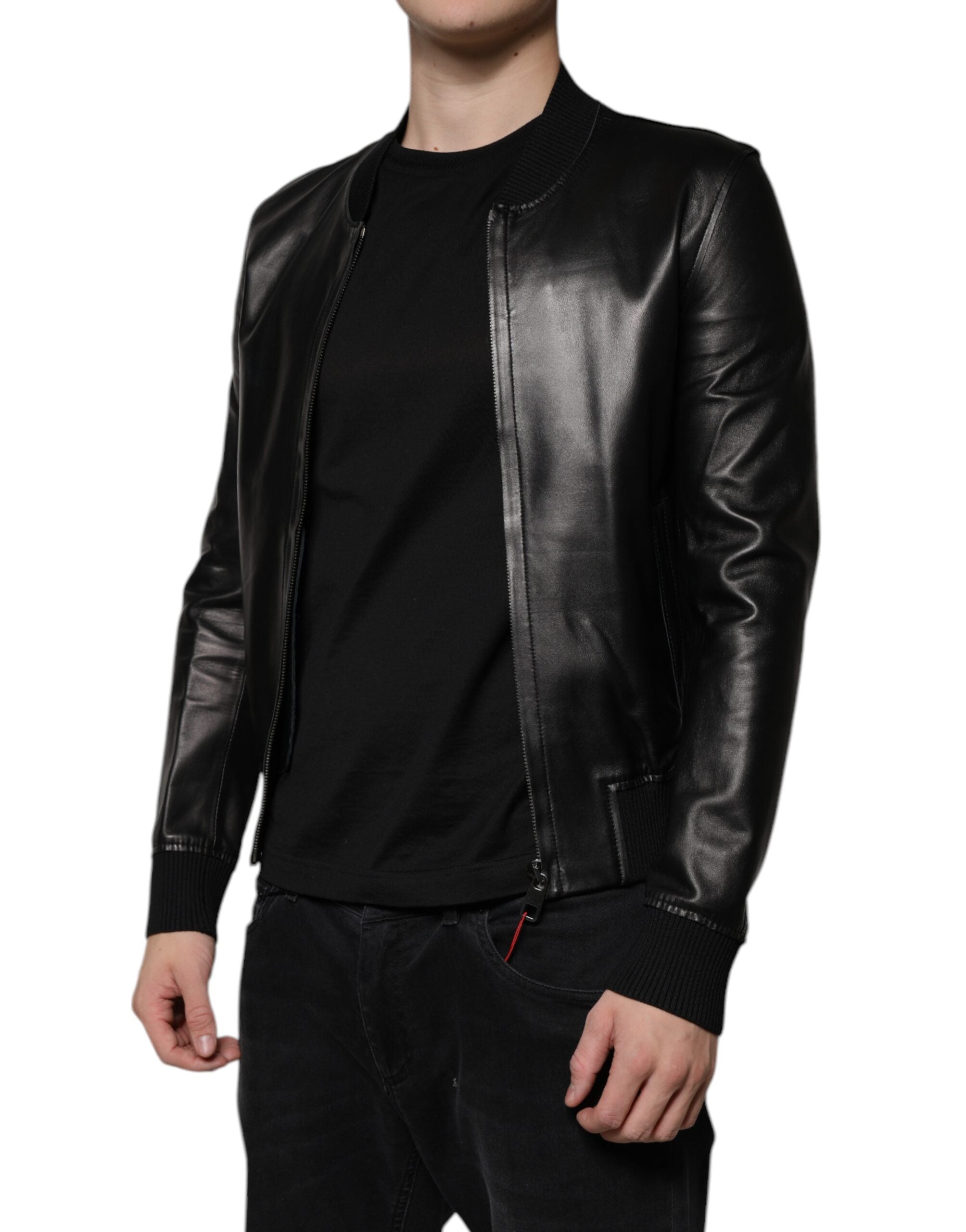 Dolce &amp; Gabbana Veste motard zippée en cuir d'agneau noir