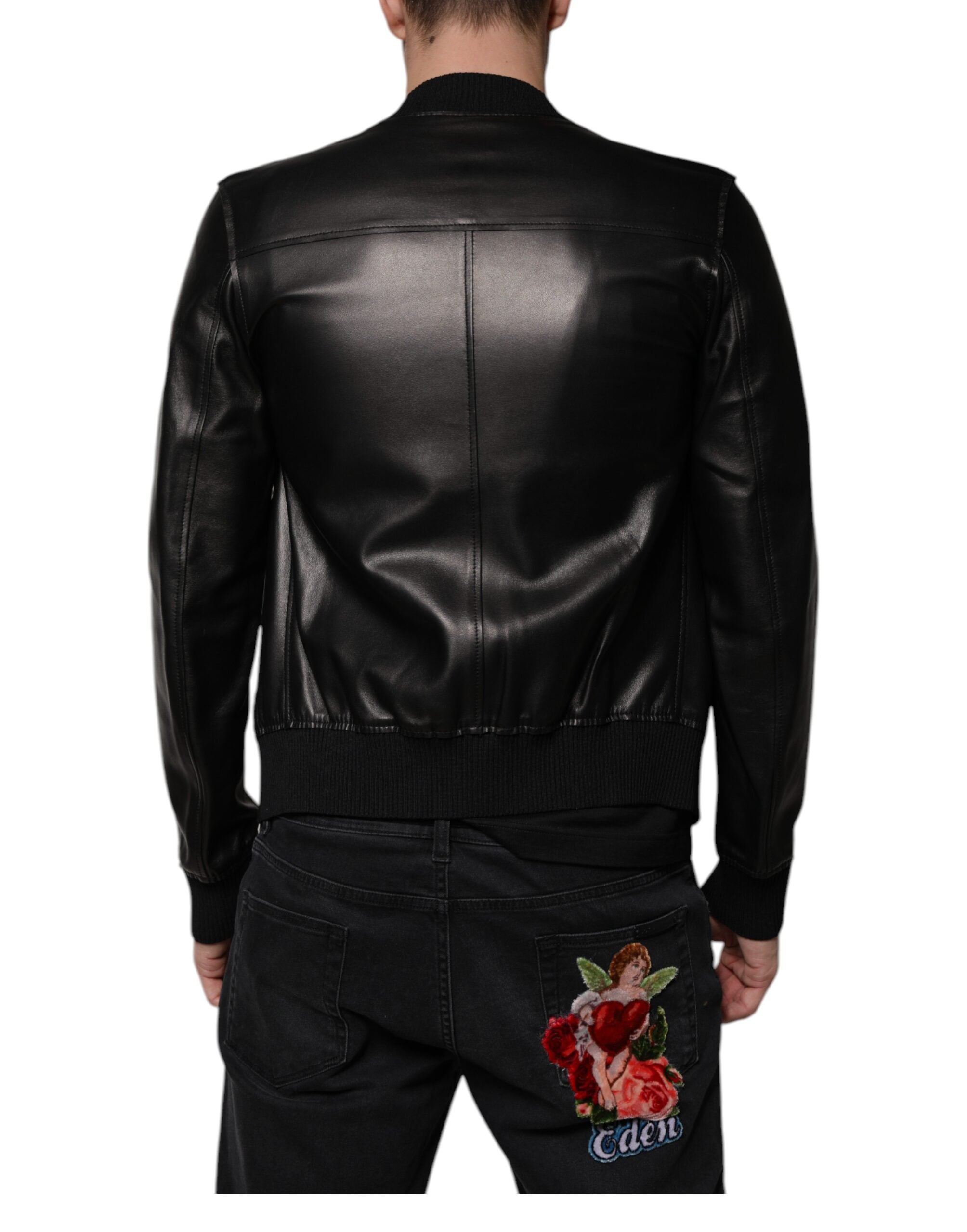 Dolce &amp; Gabbana Veste motard zippée en cuir d'agneau noir