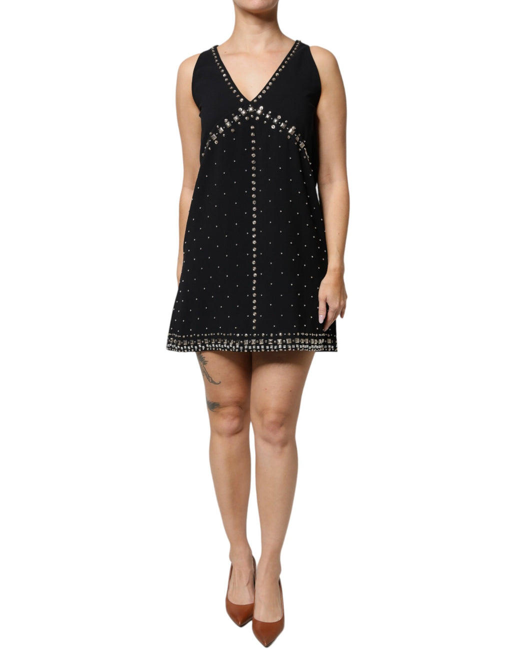Robe courte trapèze sans manches en polyester noir orné PINKO