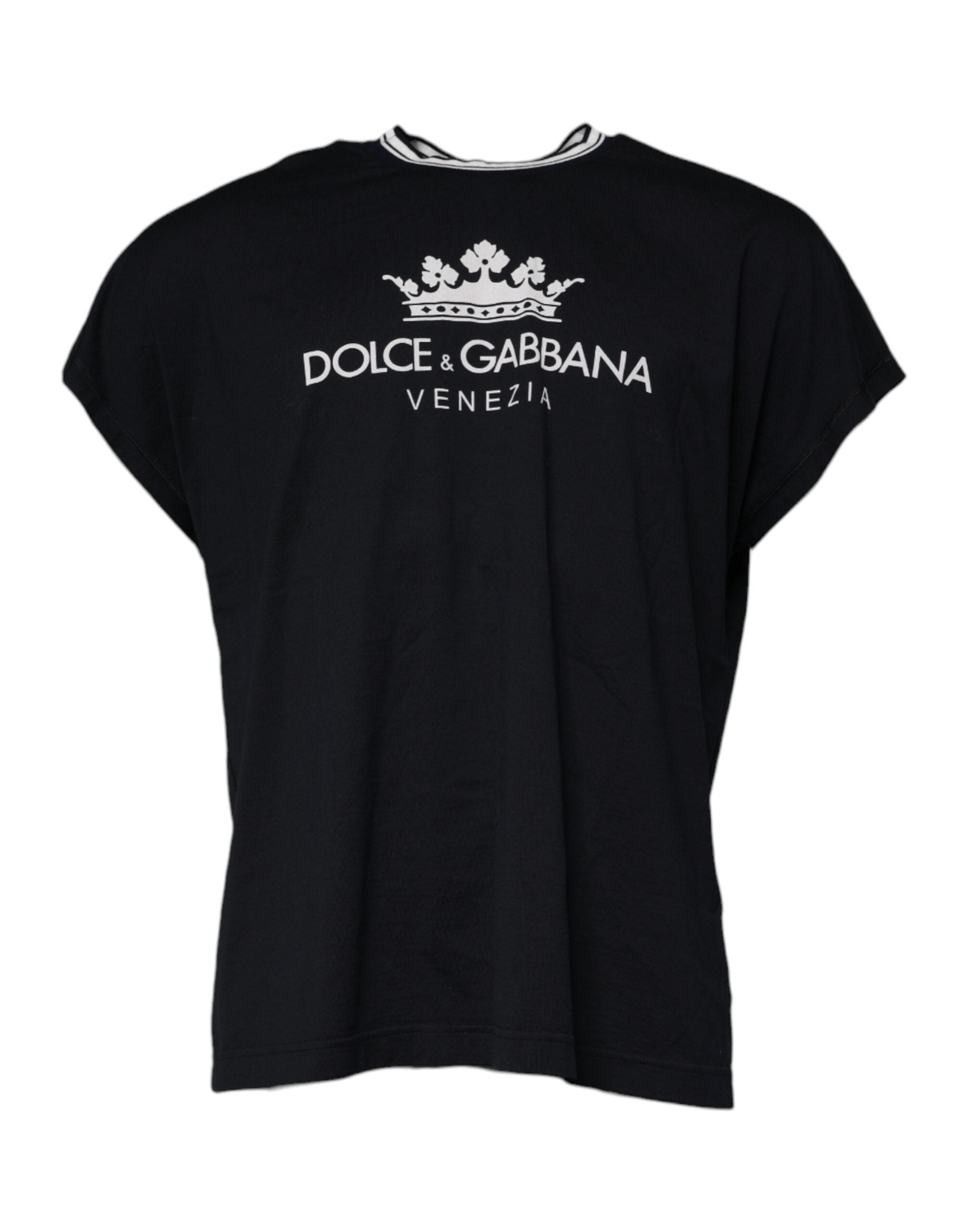 Dolce & Gabbana Dark Blue Cotton Crown Logo Crew Neck T-shirt