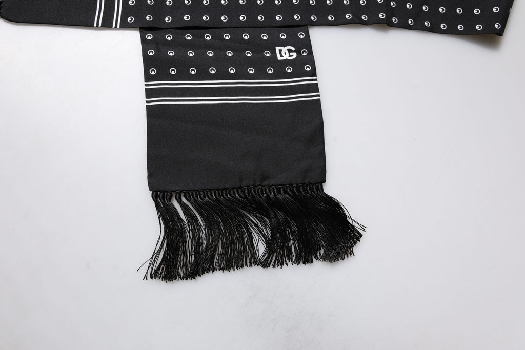 Foulard fin à franges en soie à pois noirs et blancs Dolce &amp; Gabbana