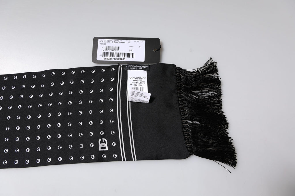 Foulard fin à franges en soie à pois noirs et blancs Dolce &amp; Gabbana