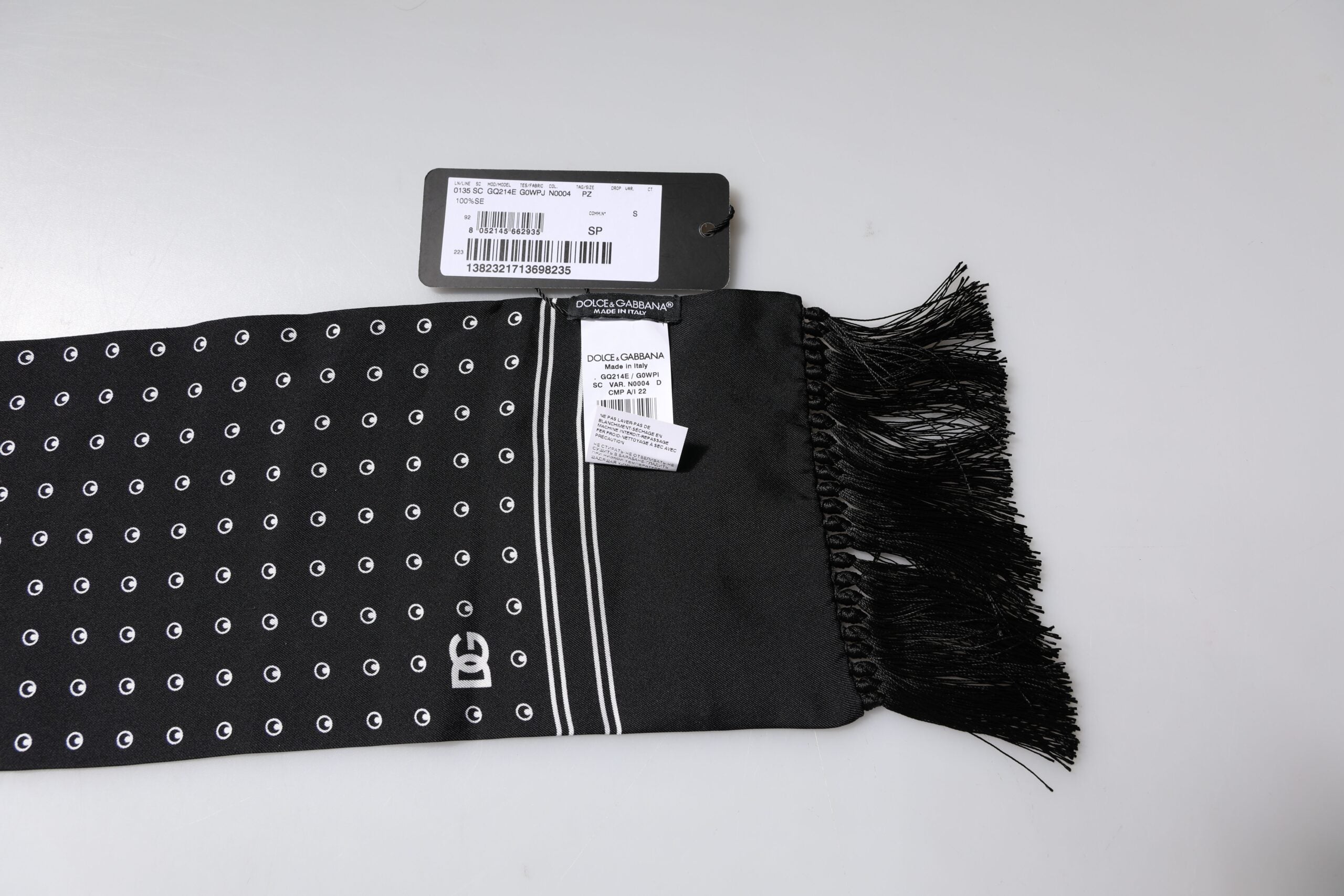 Foulard fin à franges en soie à pois noirs et blancs Dolce &amp; Gabbana