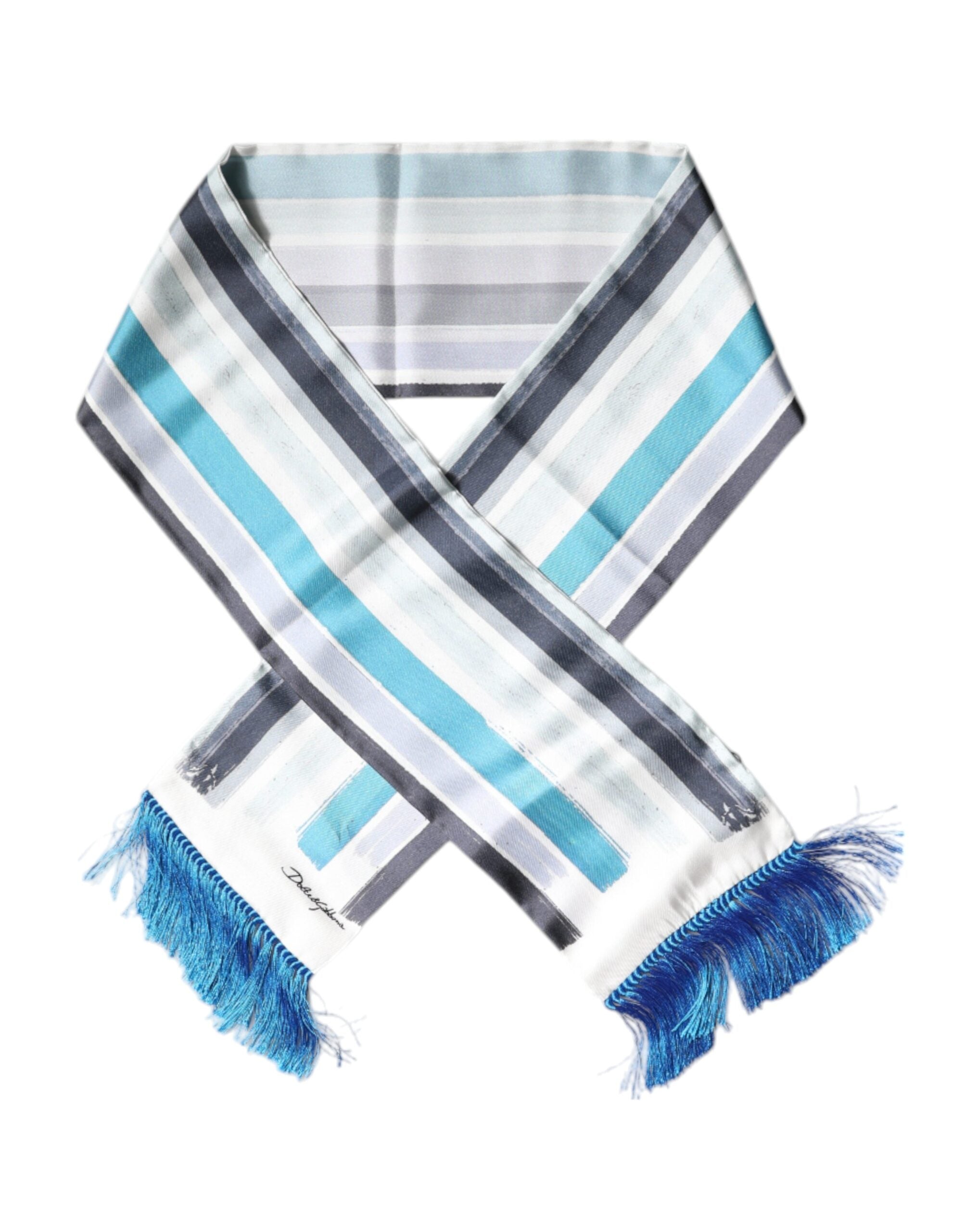 Foulard portefeuille à franges en soie à rayures blanches et bleues Dolce &amp; Gabbana