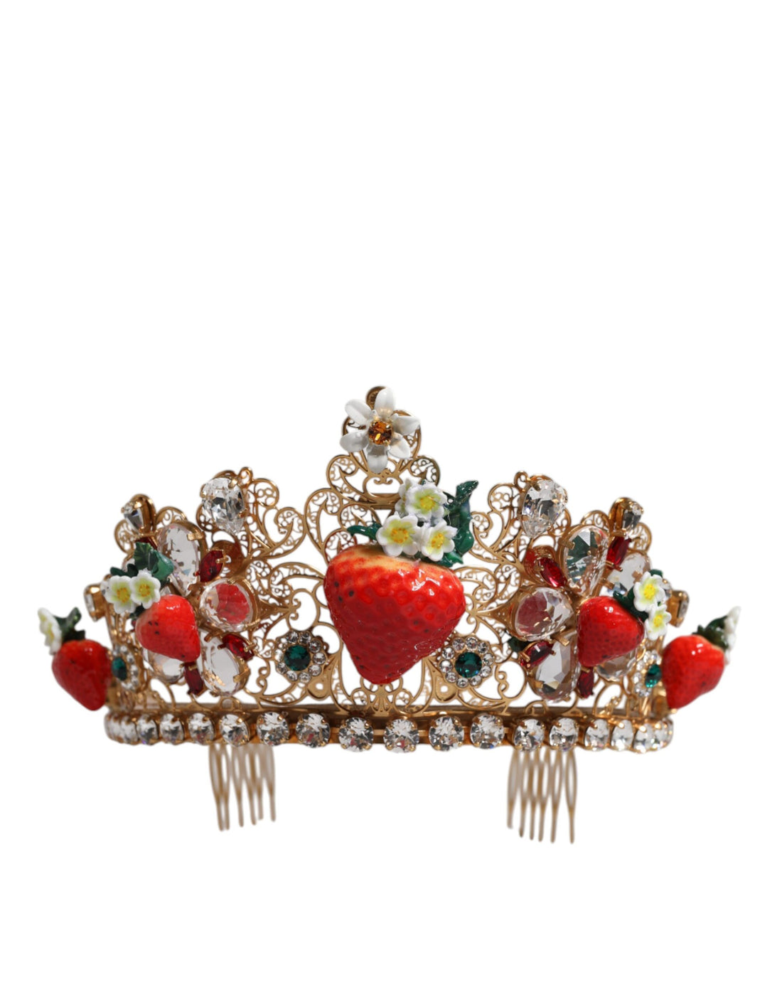 Dolce &amp; Gabbana – Mehrfarbige Tiara mit Blumen- und Erdbeermotiv und Kristallverzierung