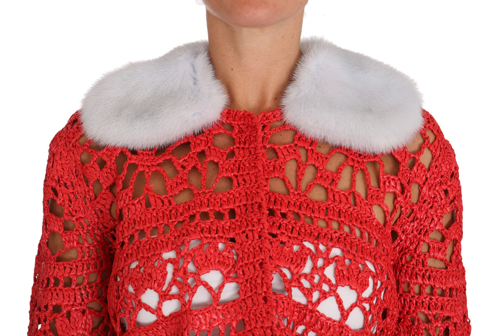 Dolce &amp; Gabbana Elegante rote Häkelstrickjacke mit Pelzkragen
