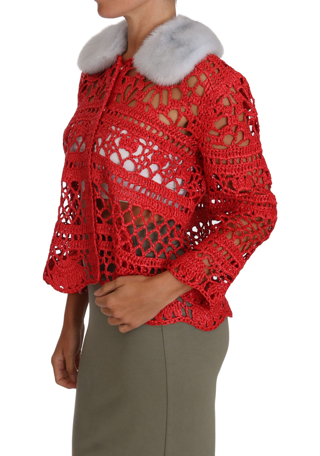 Dolce &amp; Gabbana Elegante rote Häkelstrickjacke mit Pelzkragen