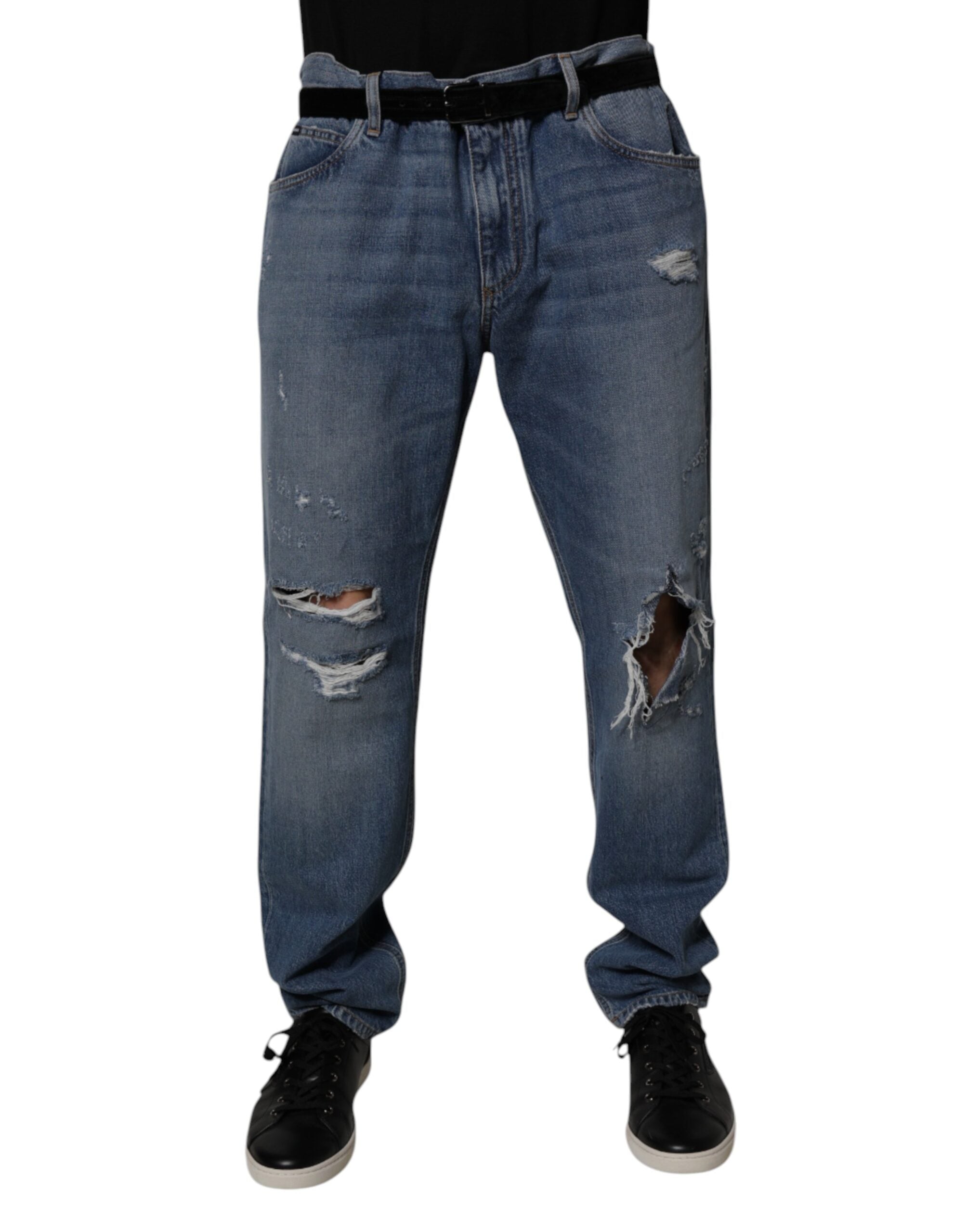 Jean droit en denim de coton bleu déchiré Dolce &amp; Gabbana