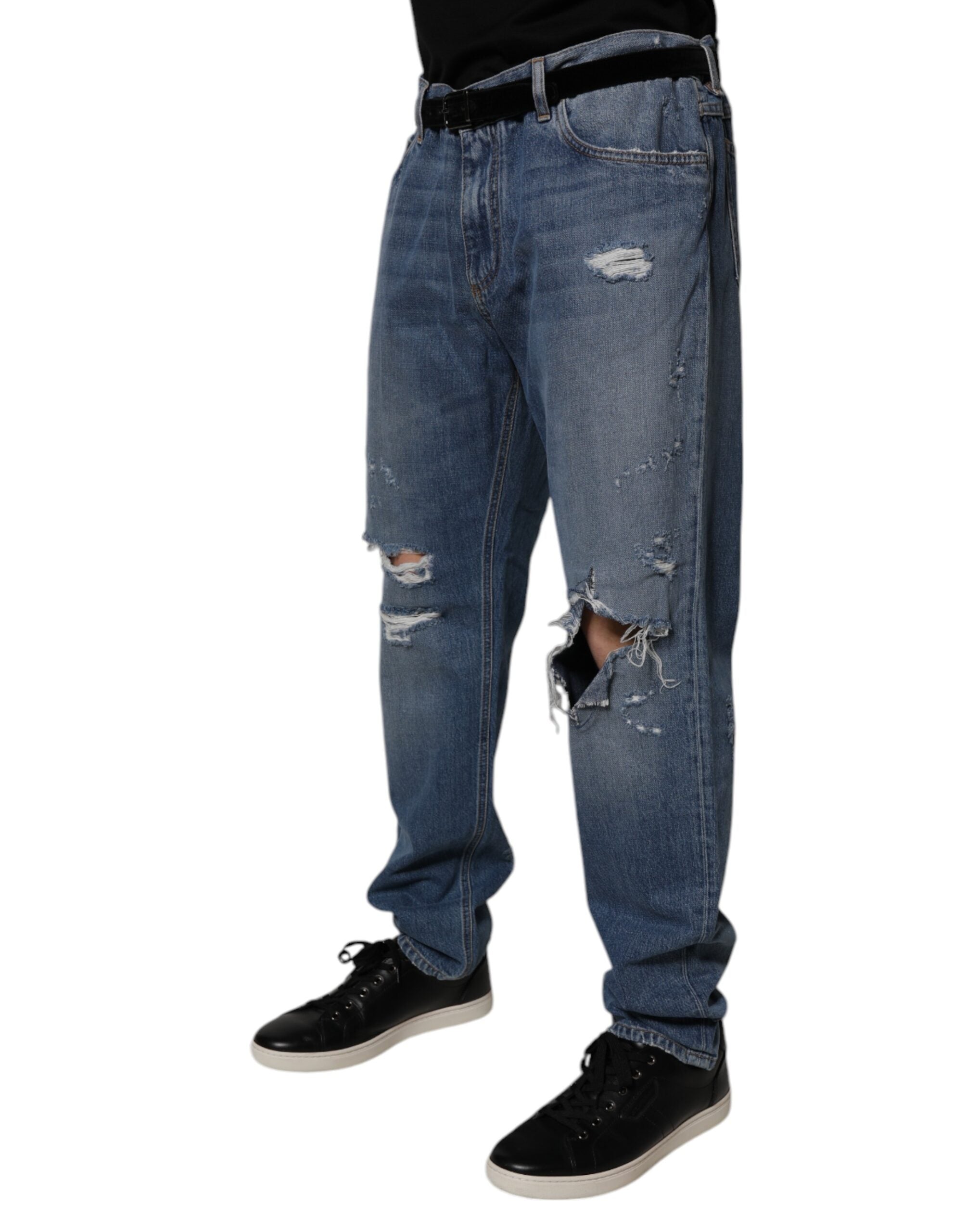 Jean droit en denim de coton bleu déchiré Dolce &amp; Gabbana