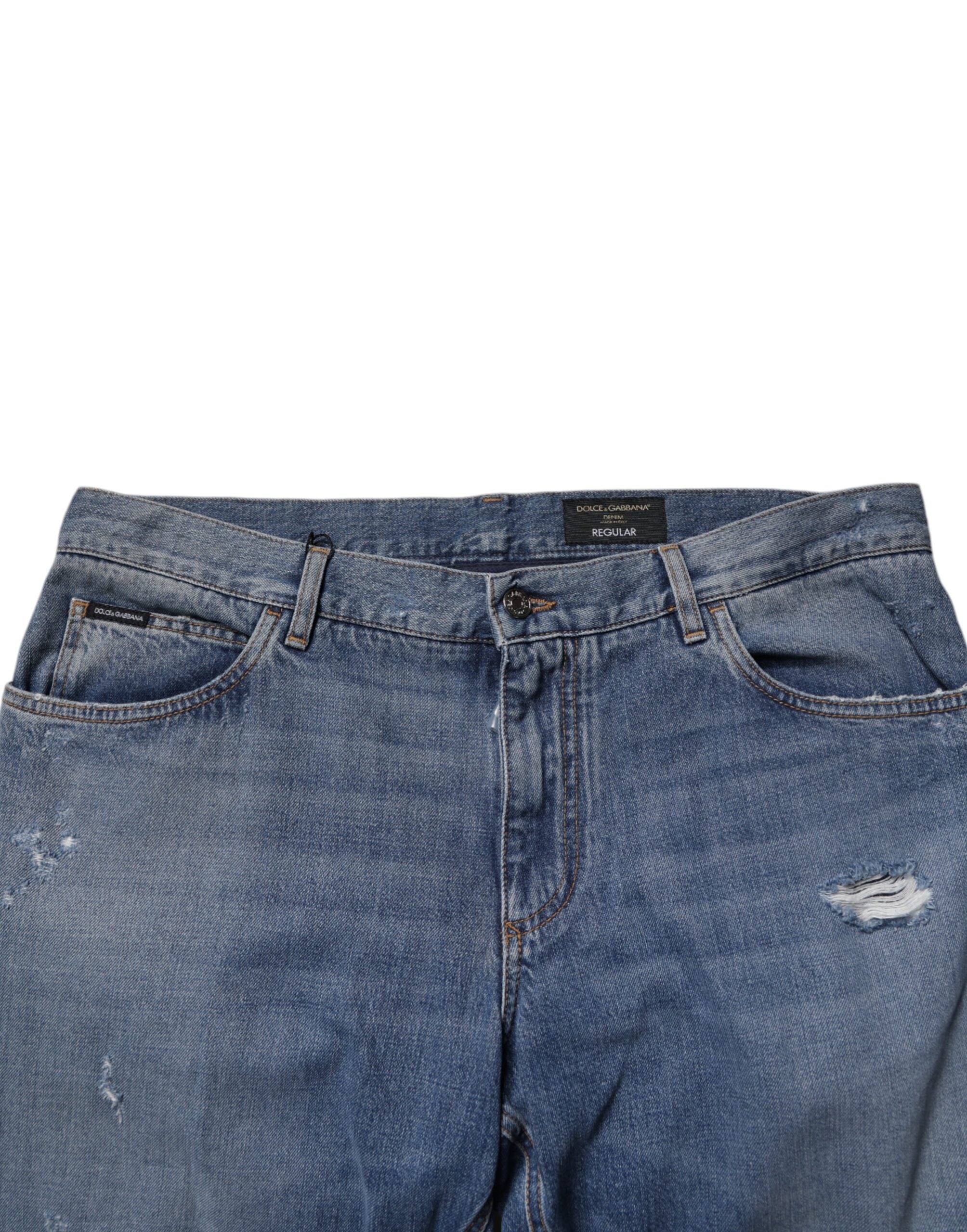 Jean droit en denim de coton bleu déchiré Dolce &amp; Gabbana