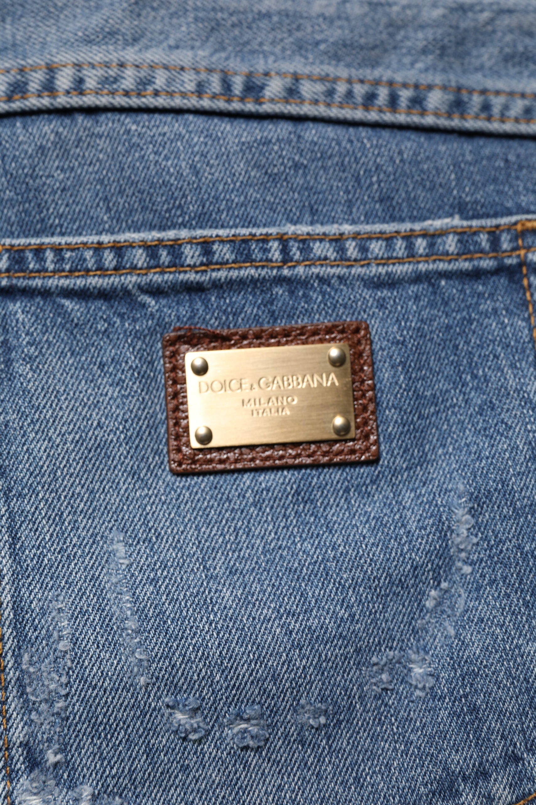 Jean droit en denim de coton bleu déchiré Dolce &amp; Gabbana