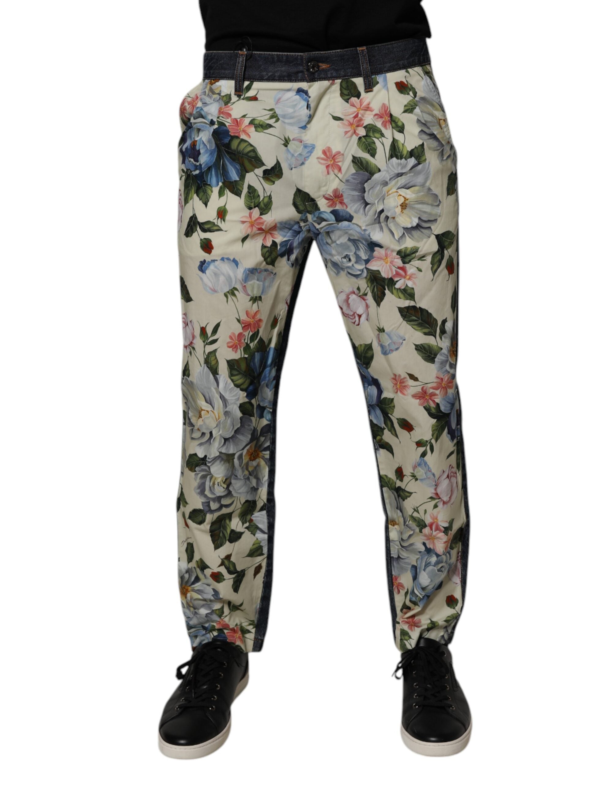 Dolce &amp; Gabbana Beige Blau Blumenmuster Baumwolle Herren Jeans