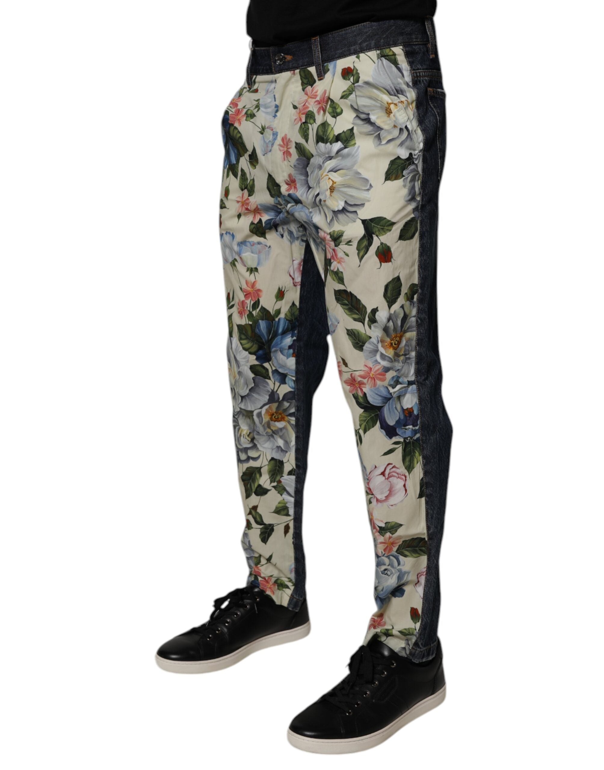 Dolce &amp; Gabbana Beige Blau Blumenmuster Baumwolle Herren Jeans