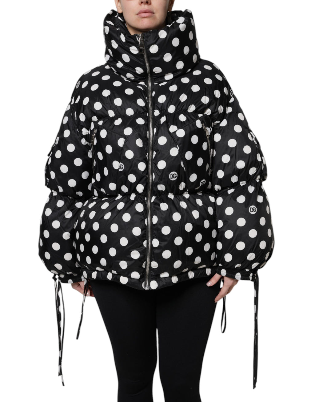 Dolce &amp; Gabbana – Pufferjacke mit durchgehendem Reißverschluss und schwarzen und weißen Punkten