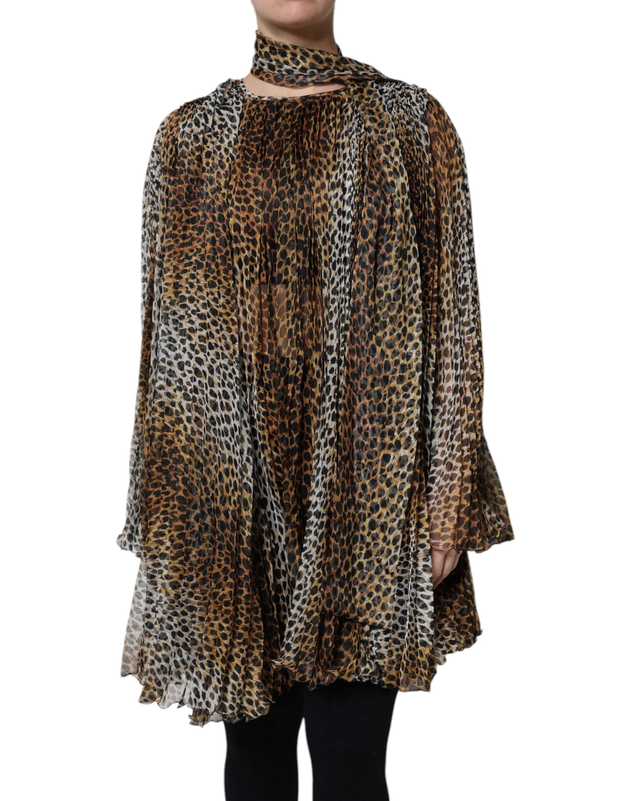 Robe en mousseline à col foulard et imprimé léopard marron Dolce &amp; Gabbana