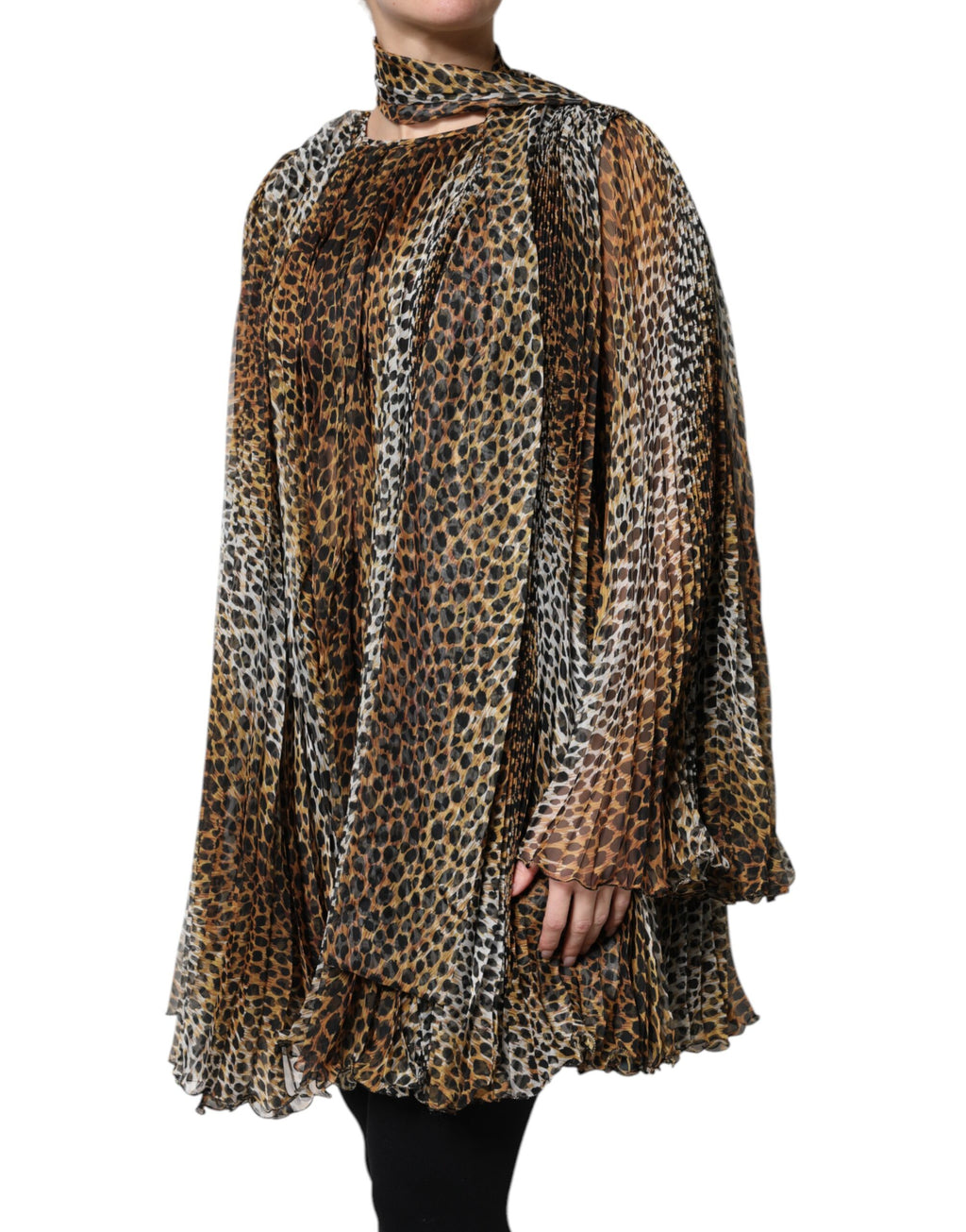 Robe en mousseline à col foulard et imprimé léopard marron Dolce &amp; Gabbana
