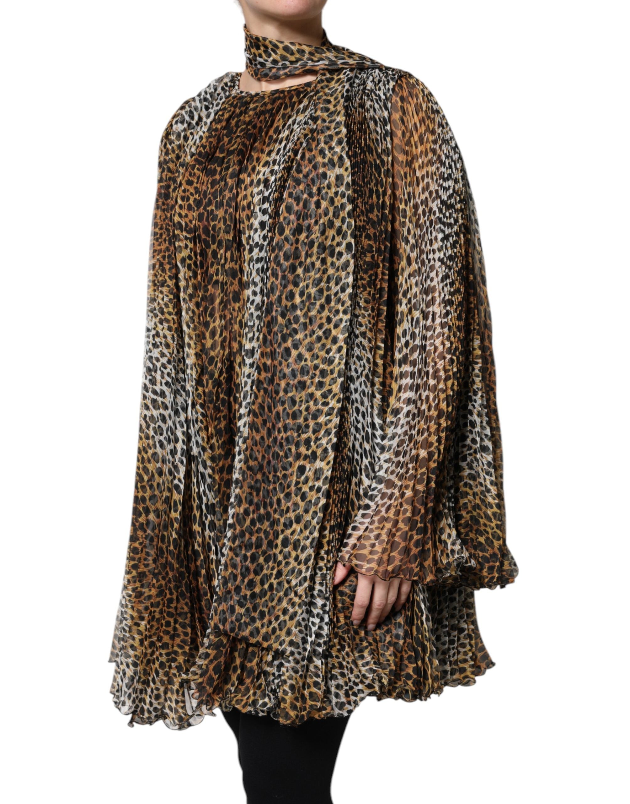 Robe en mousseline à col foulard et imprimé léopard marron Dolce &amp; Gabbana