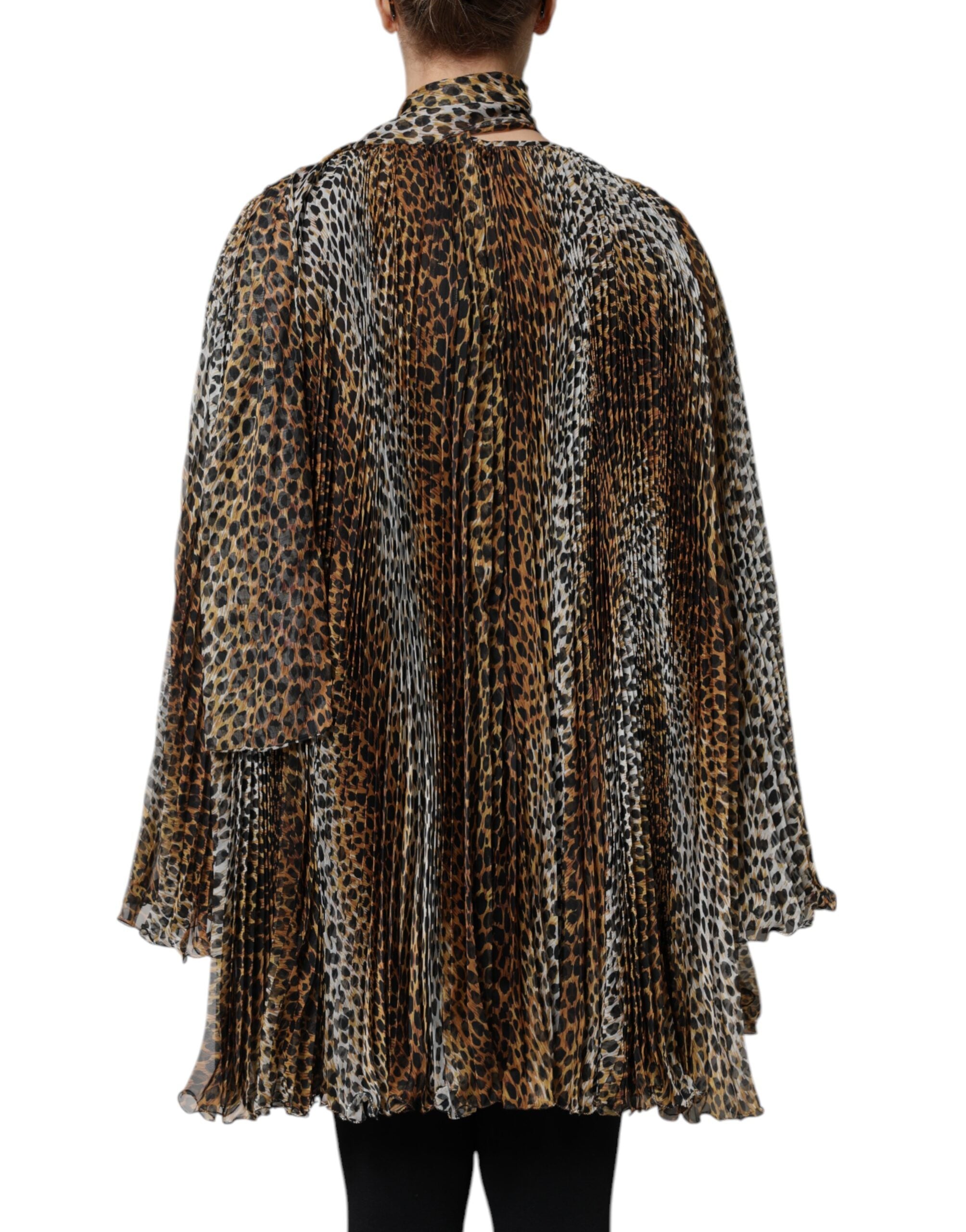 Robe en mousseline à col foulard et imprimé léopard marron Dolce &amp; Gabbana