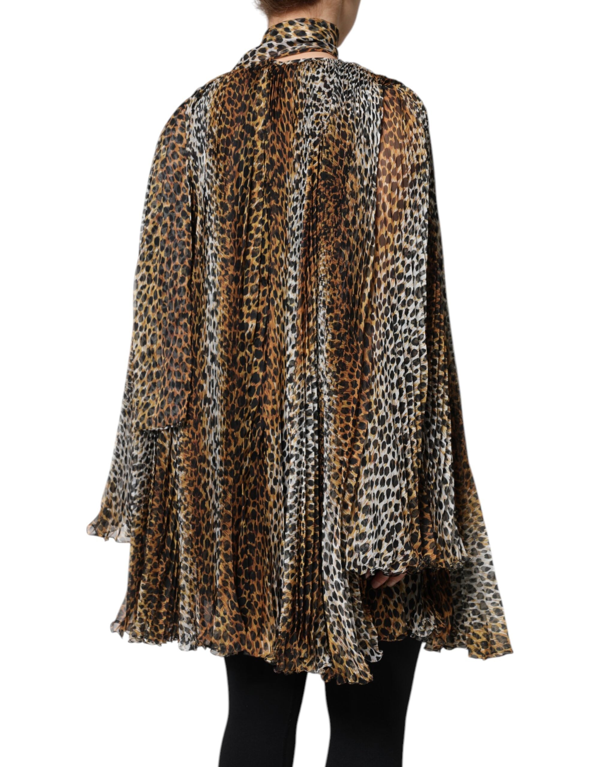 Robe en mousseline à col foulard et imprimé léopard marron Dolce &amp; Gabbana