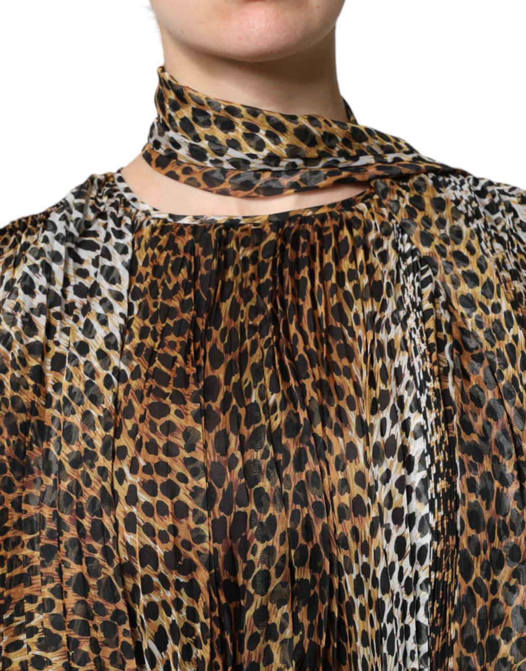 Robe en mousseline à col foulard et imprimé léopard marron Dolce &amp; Gabbana