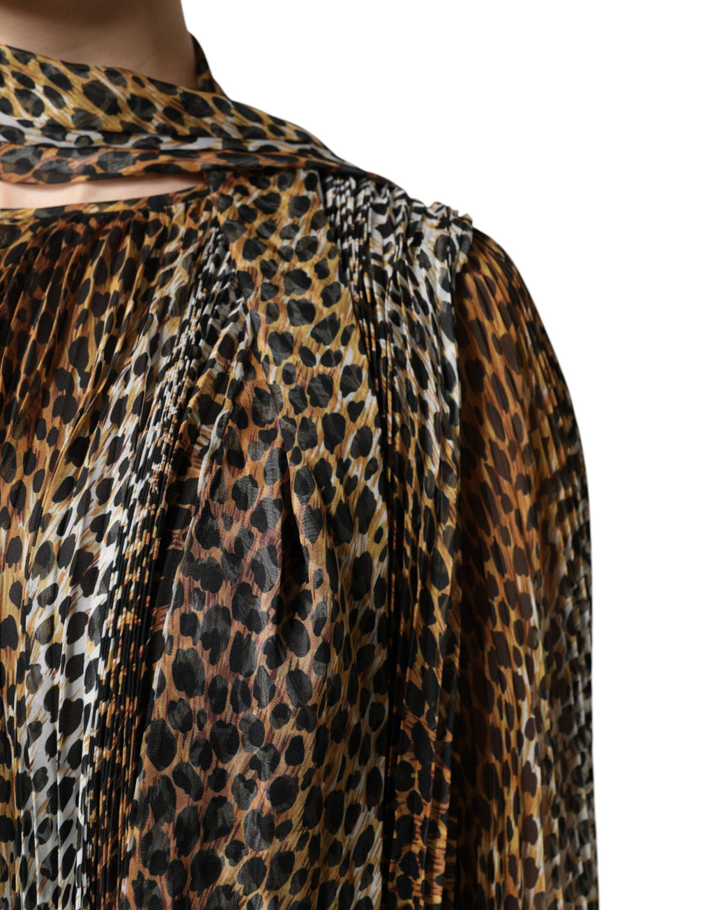 Robe en mousseline à col foulard et imprimé léopard marron Dolce &amp; Gabbana