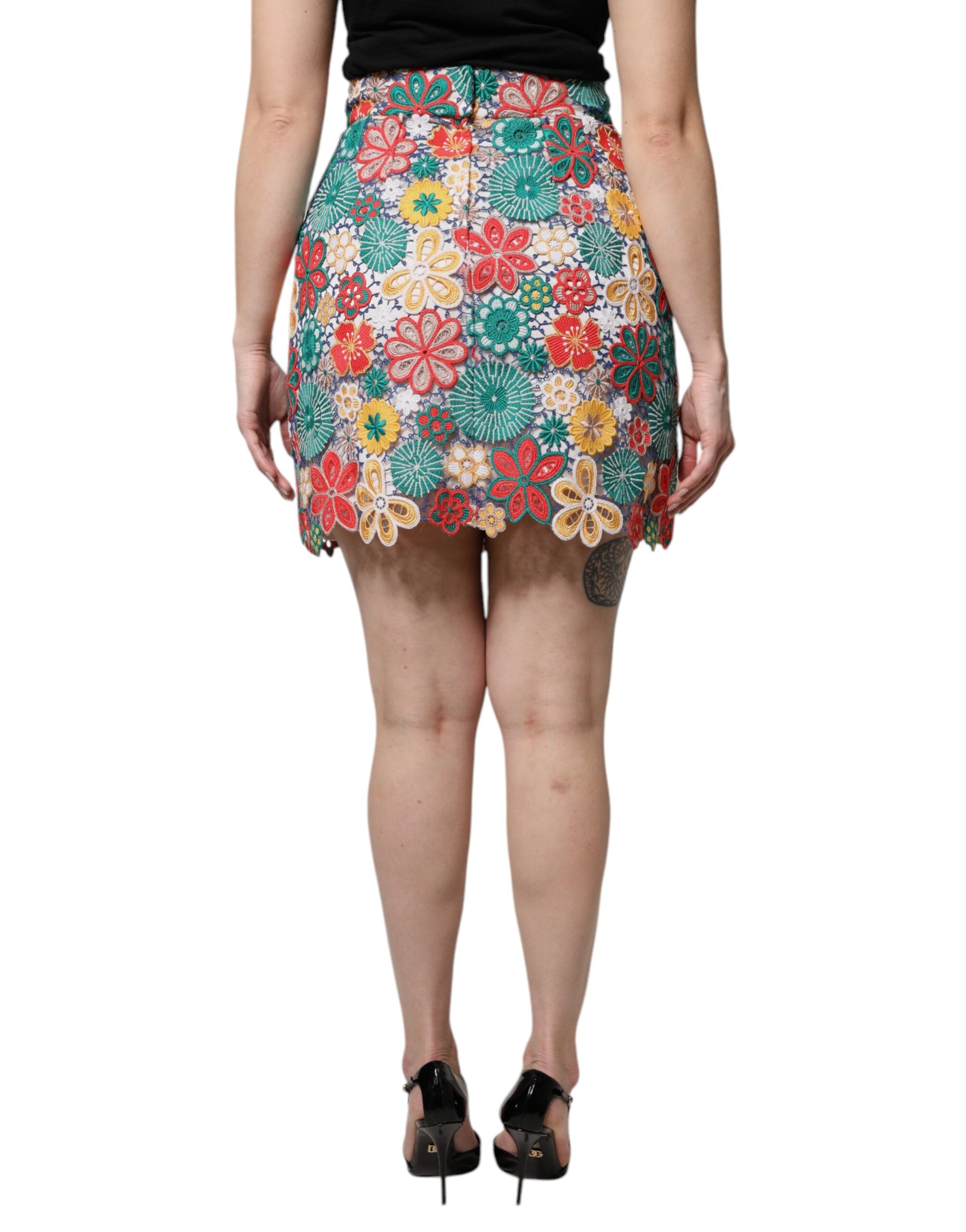 Mini-jupe taille haute en dentelle florale multicolore Dolce &amp; Gabbana