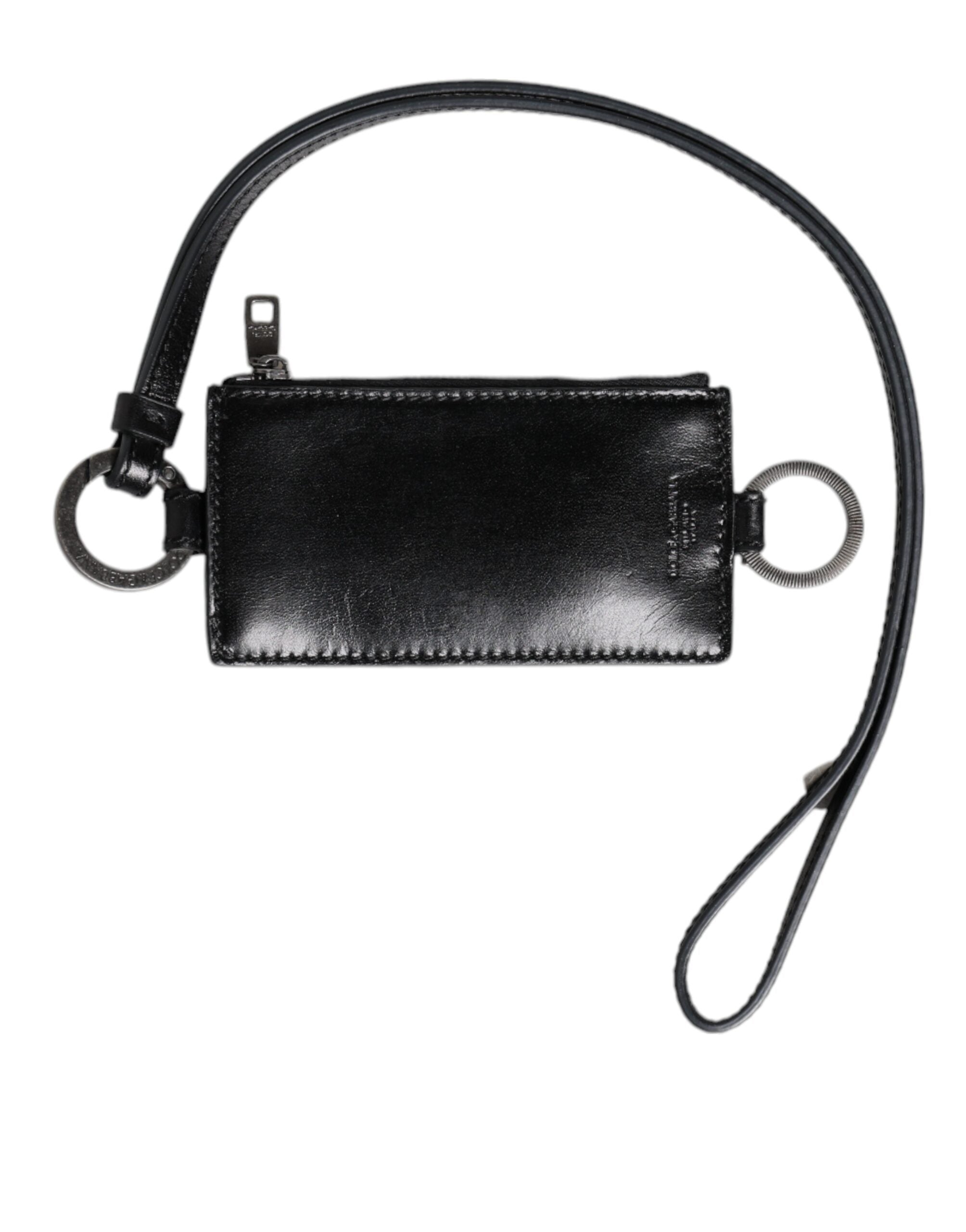 Portefeuille porte-cartes en cuir noir Dolce &amp; Gabbana avec logo en relief