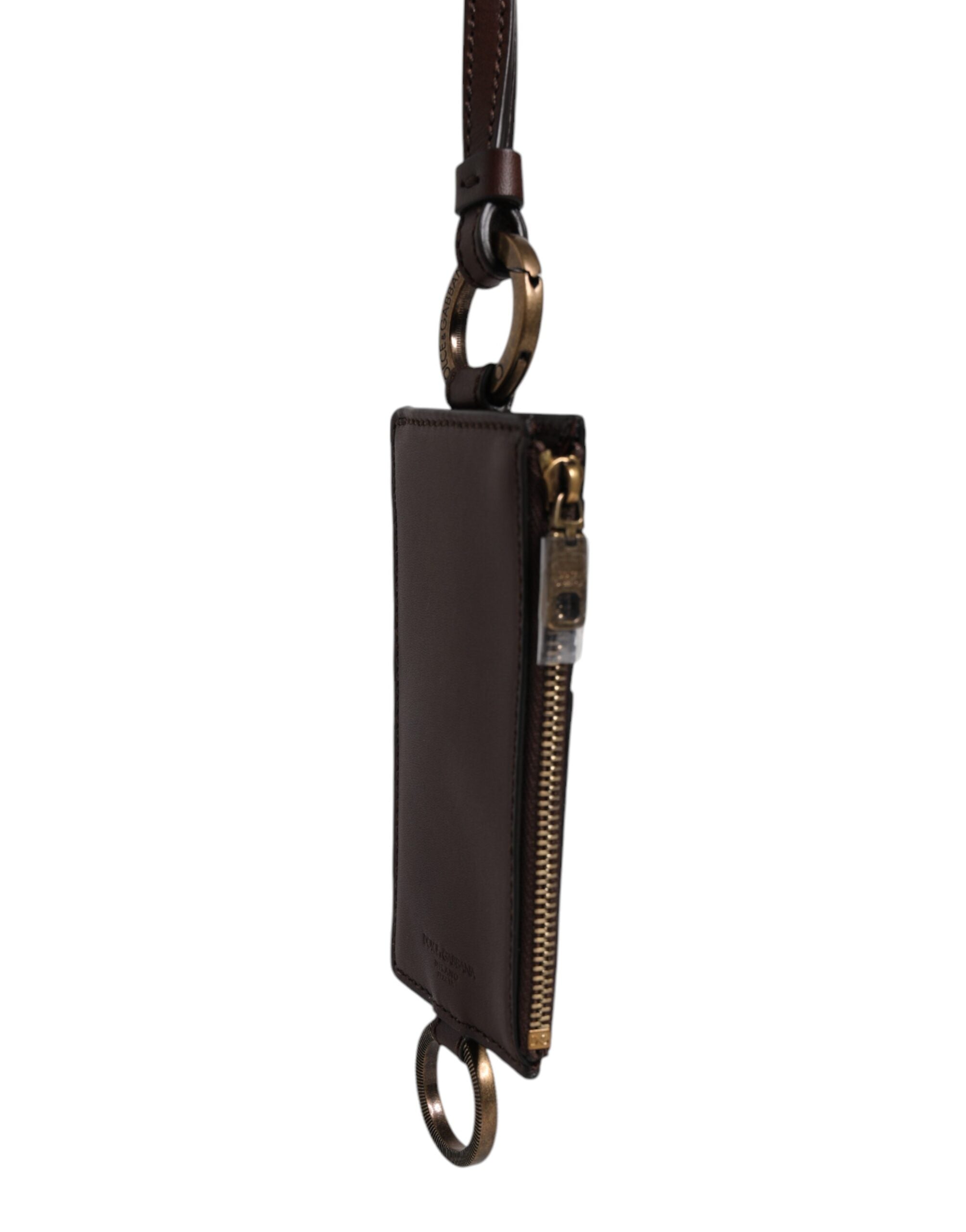 Portefeuille porte-cartes Dolce &amp; Gabbana en cuir de veau marron avec cordon et logo