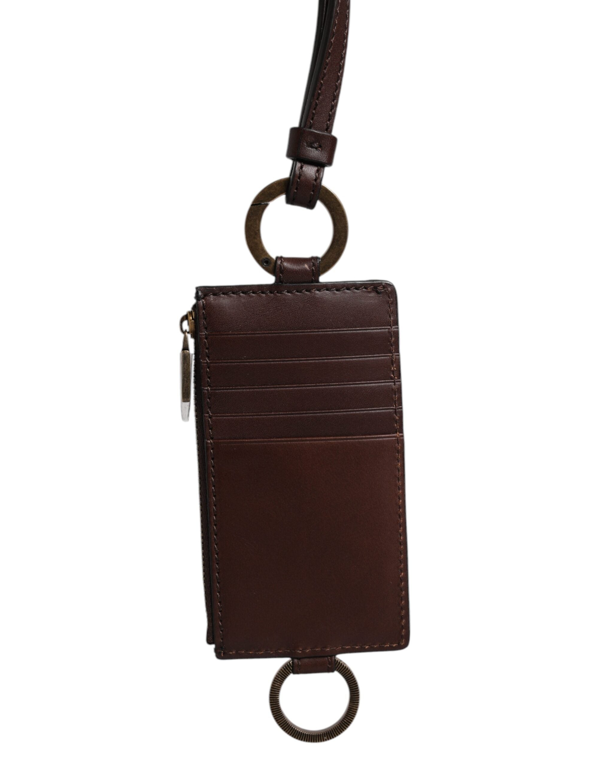 Portefeuille porte-cartes Dolce &amp; Gabbana en cuir de veau marron avec cordon et logo