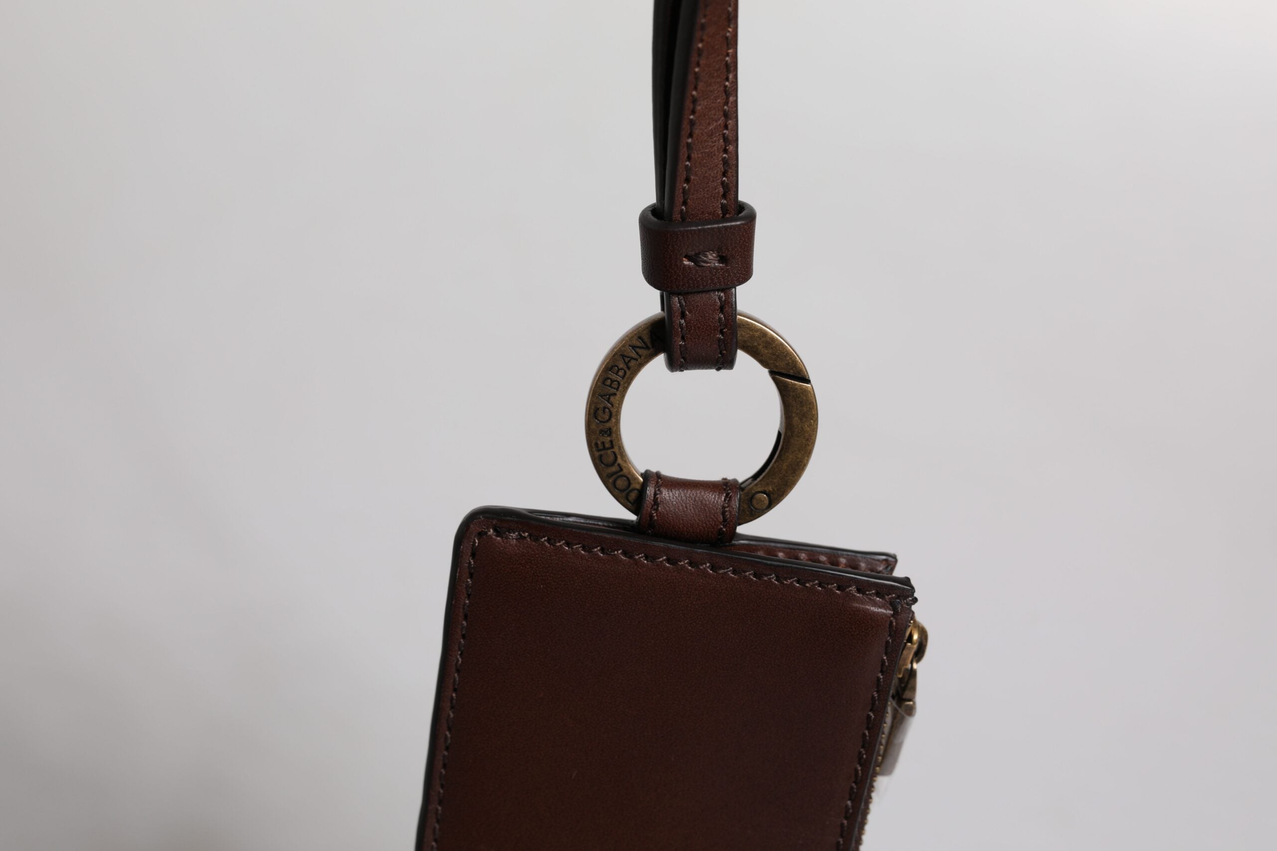 Portefeuille porte-cartes Dolce &amp; Gabbana en cuir de veau marron avec cordon et logo