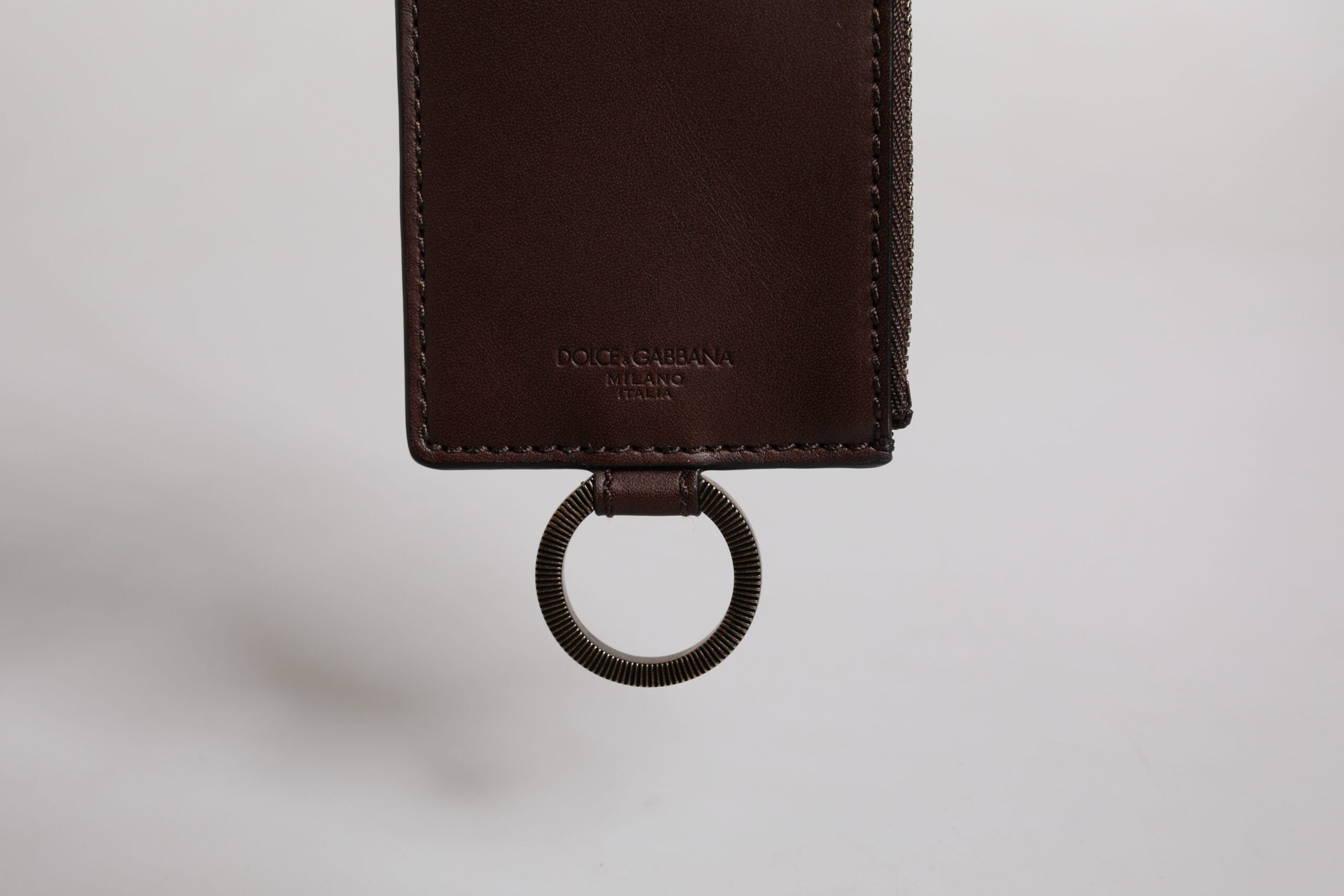 Portefeuille porte-cartes Dolce &amp; Gabbana en cuir de veau marron avec cordon et logo