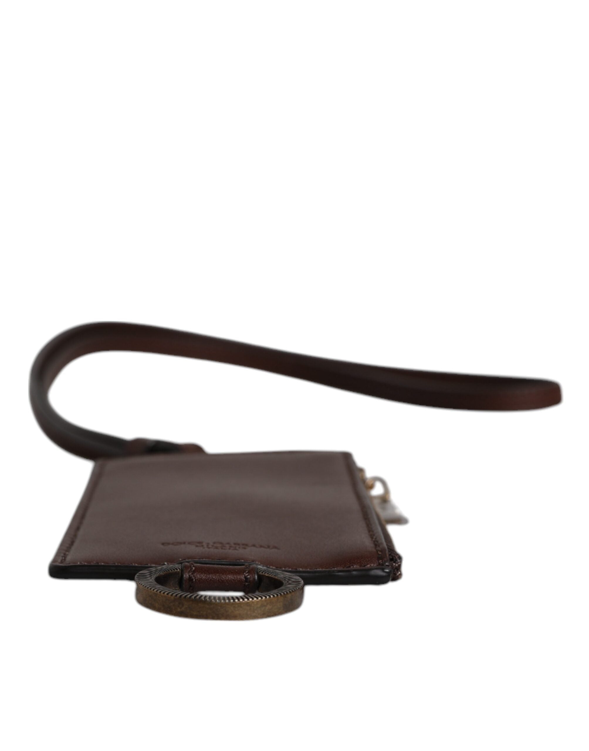 Portefeuille porte-cartes Dolce &amp; Gabbana en cuir de veau marron avec cordon et logo