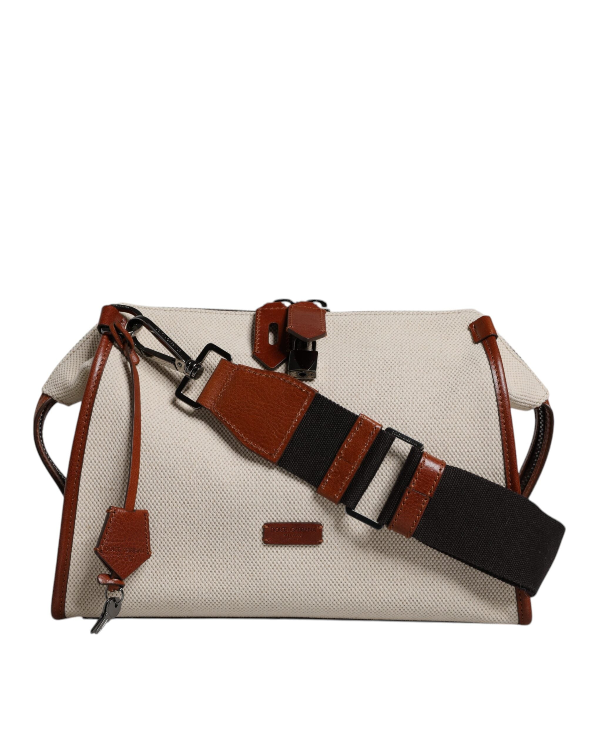 Sac à bandoulière en cuir et coton beige marron Dolce &amp; Gabbana
