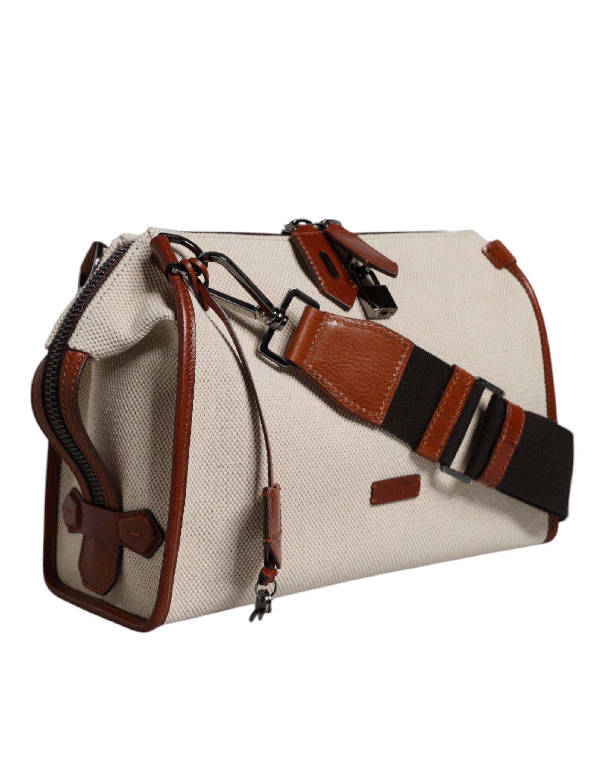 Sac à bandoulière en cuir et coton beige marron Dolce &amp; Gabbana