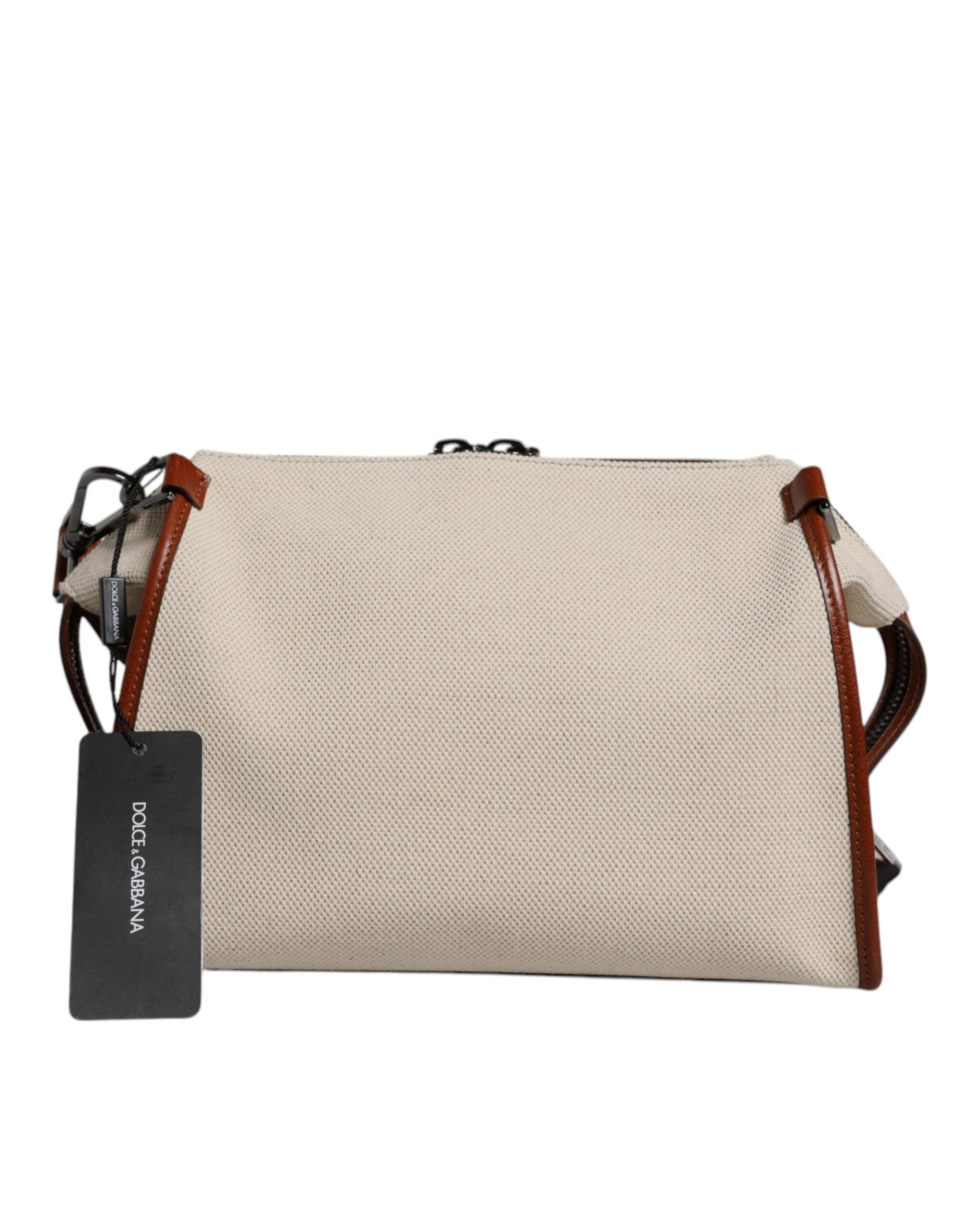 Sac à bandoulière en cuir et coton beige marron Dolce &amp; Gabbana